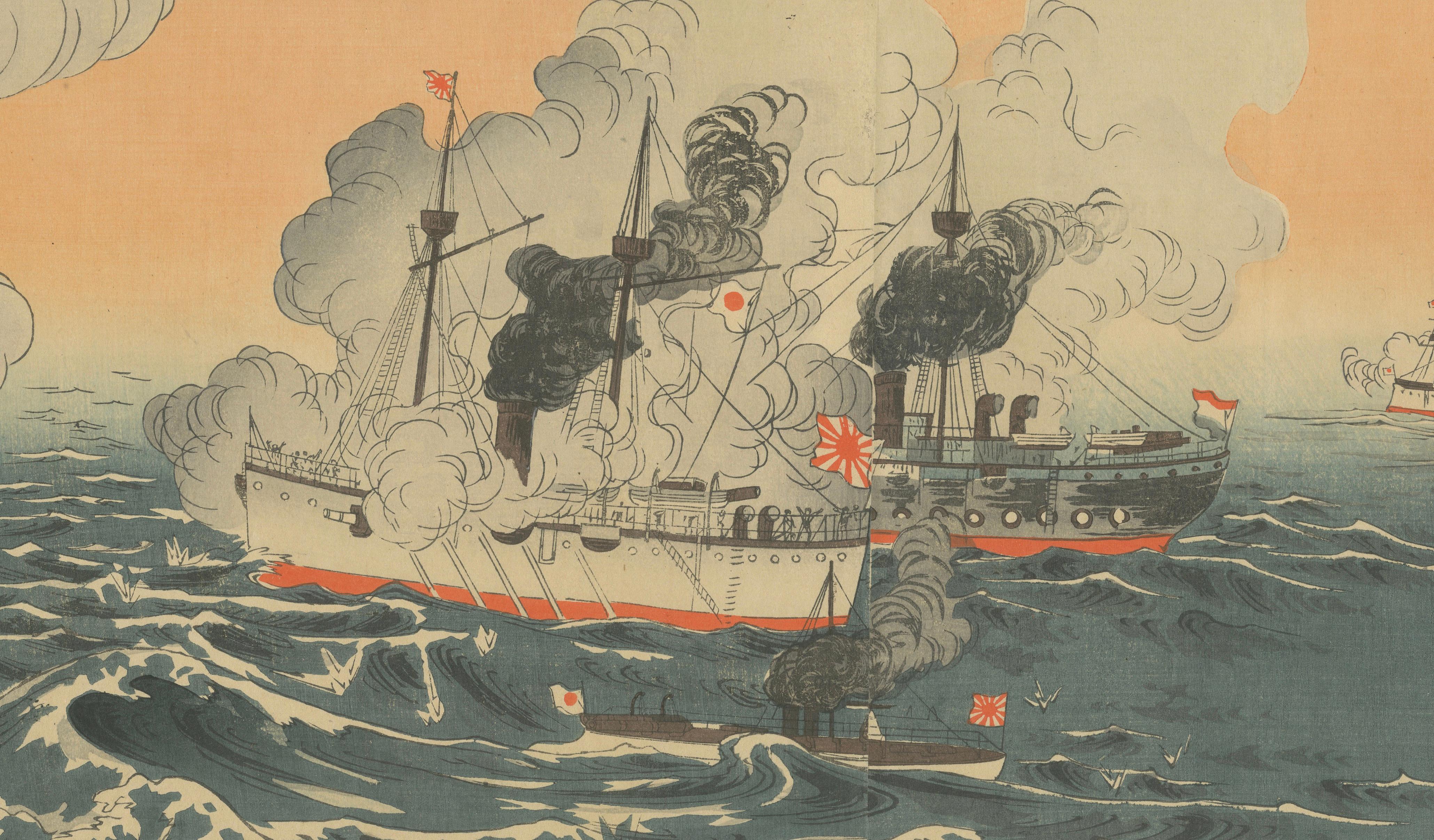 Battle of Port Arthur, Russo-Japanese War Woodblock Triptych, 1904