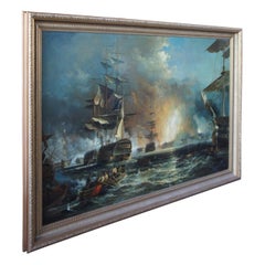 Vintage Battle of Quiberon Monumental British Maritime Nautical Naval Oil Painting