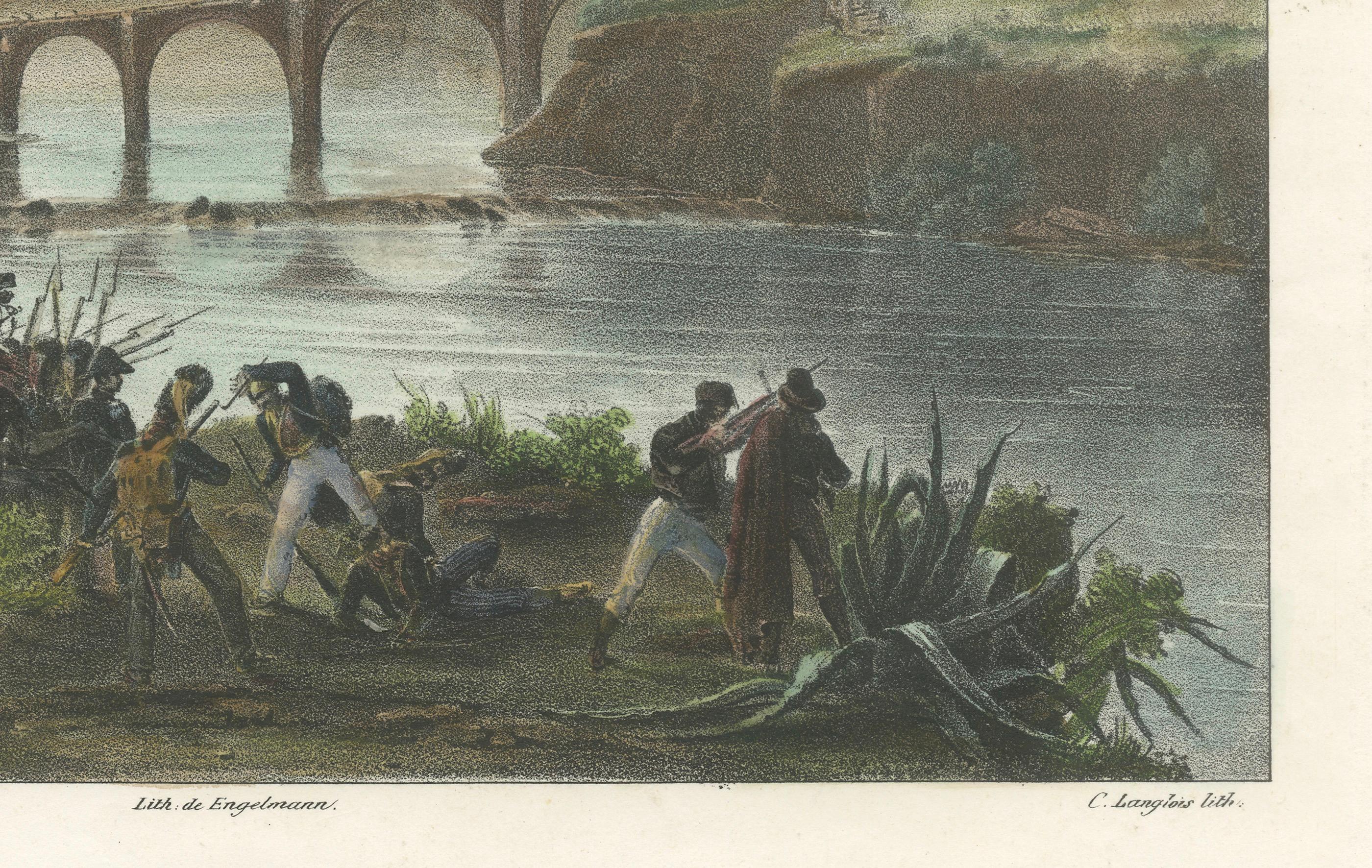 Battle of Roda: French Troops in Action - Napoleonic Wars Lithograph, circa 1830 In Good Condition For Sale In Langweer, NL