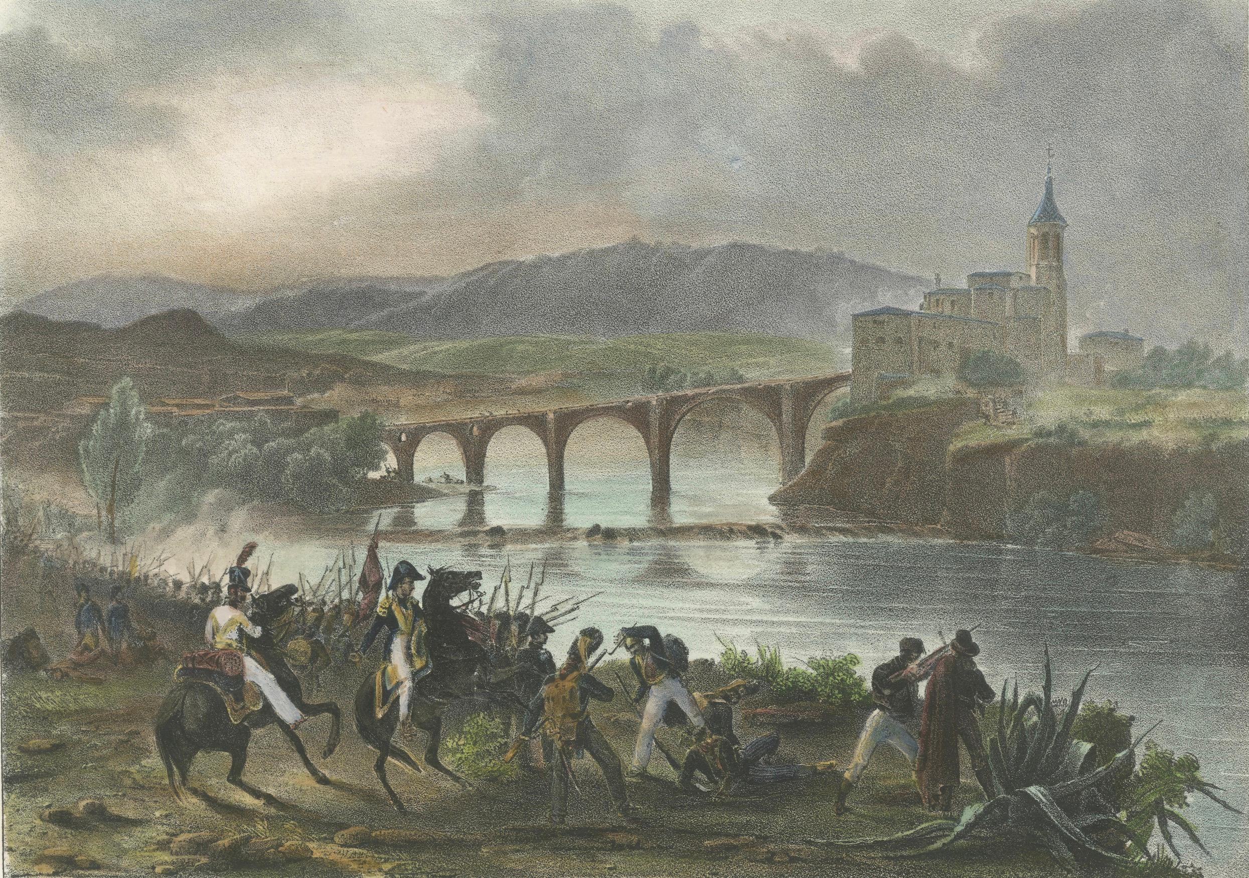 Paper Battle of Roda: French Troops in Action - Napoleonic Wars Lithograph, circa 1830 For Sale