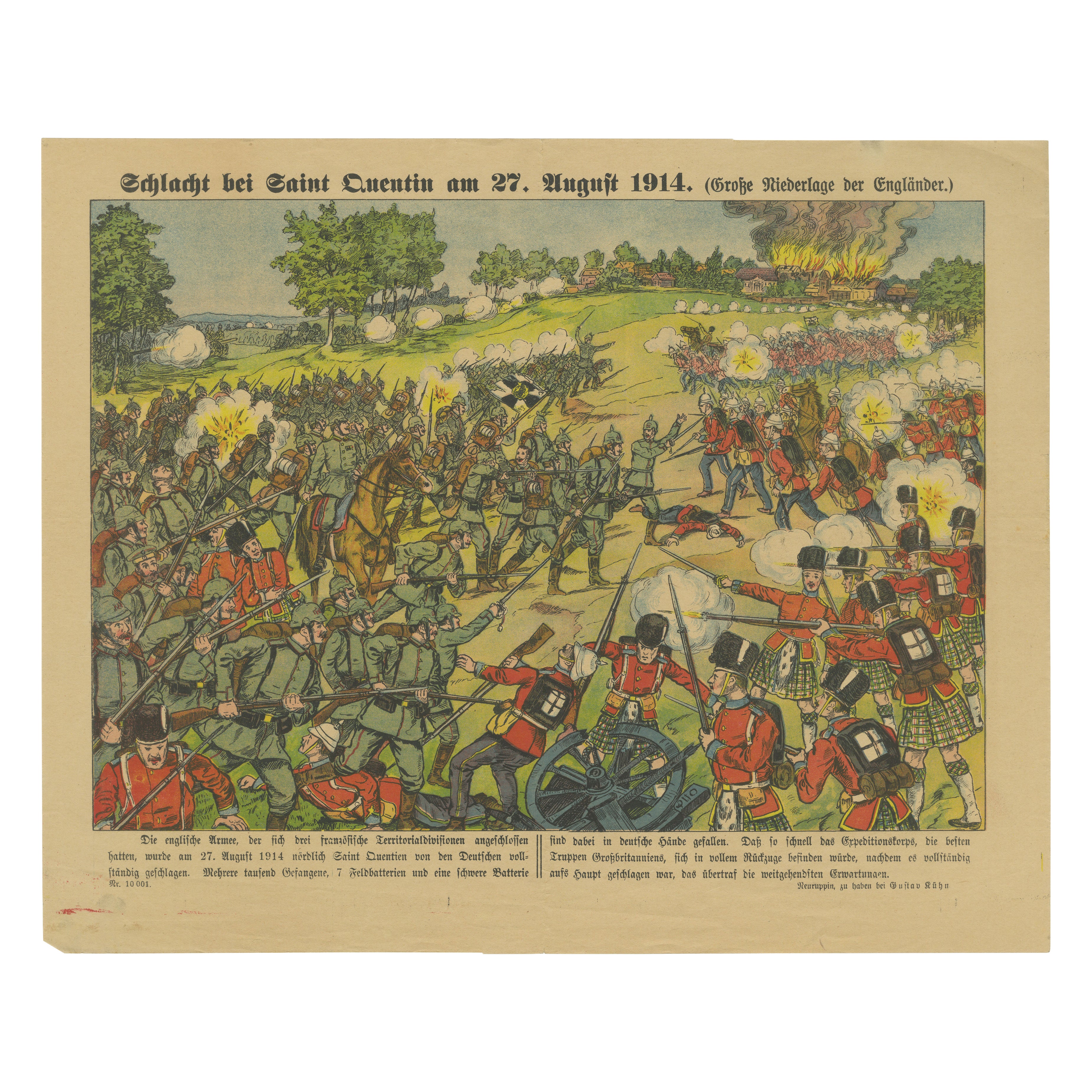Battle of Saint-Quentin 1914 – WWI German Illustrated War Print, Lithograph For Sale