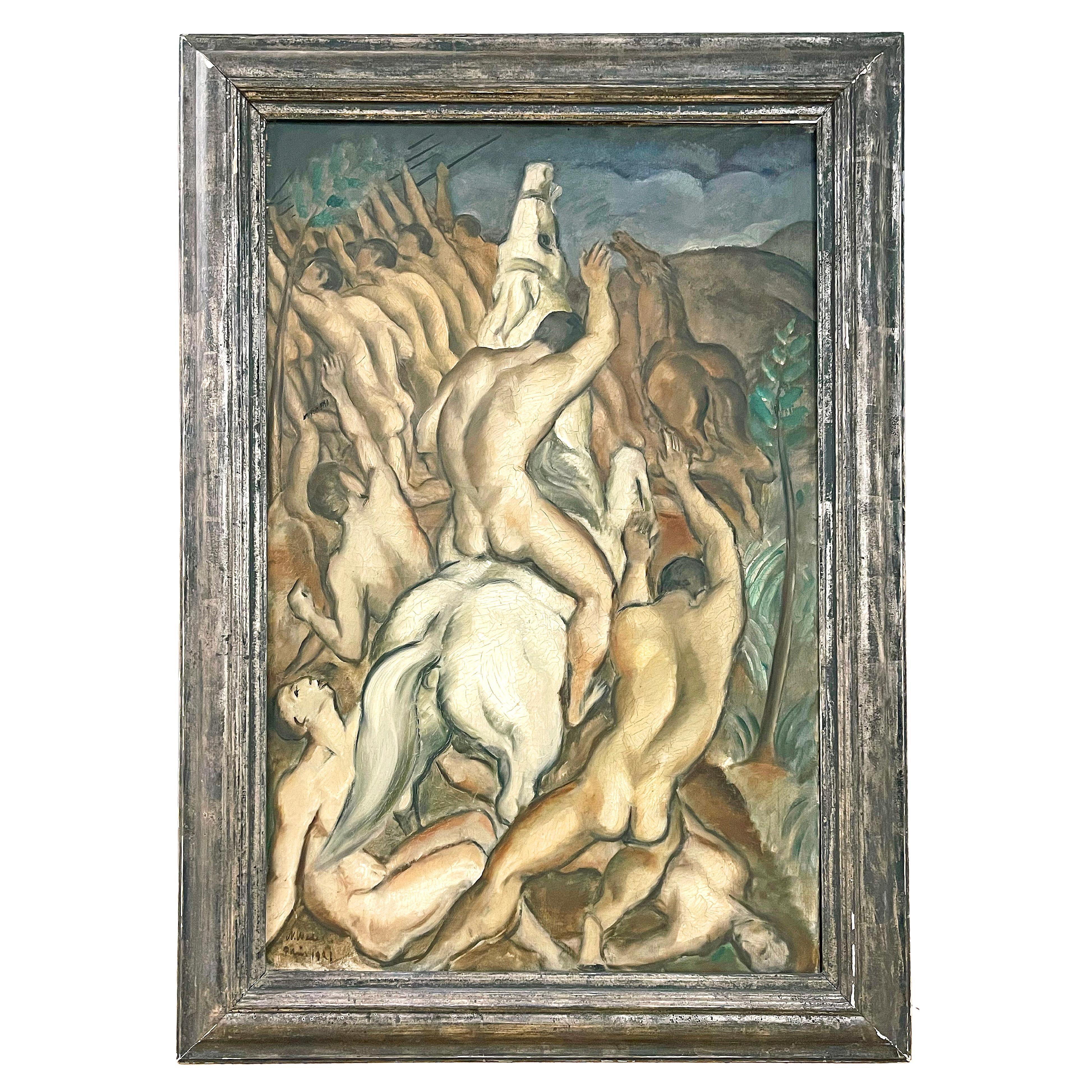 "Battle of the Nudes, " Large Art Deco Painting by Wedel, Elton John Collection For Sale