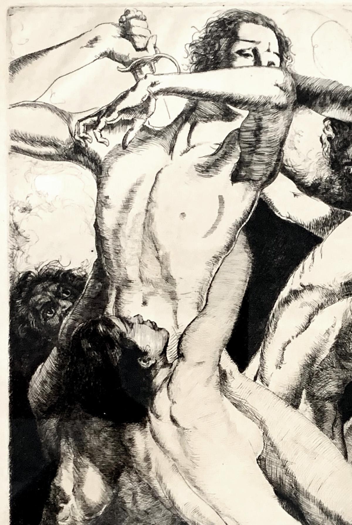 Depicting a complex interplay of lithe nude figures in struggle, the upper male figure holding a large sword aloft, this rare print was made by the famed artist and illustrator, Willy Pogany, in the 1920s or 1930s. Pogany was born and educated in