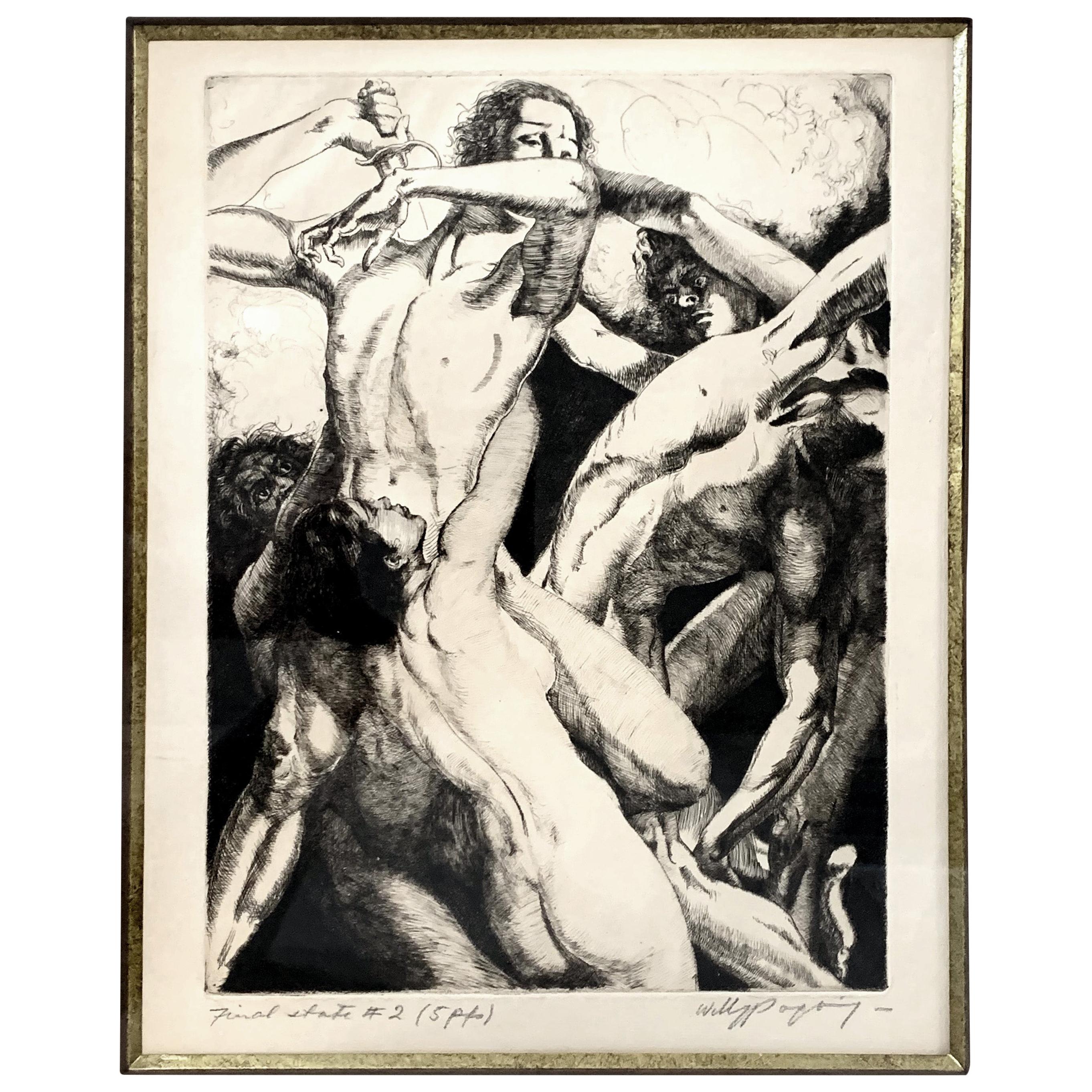 "Battle of the Nudes, " Rare Art Deco Signed Print by Willy Pogany For Sale