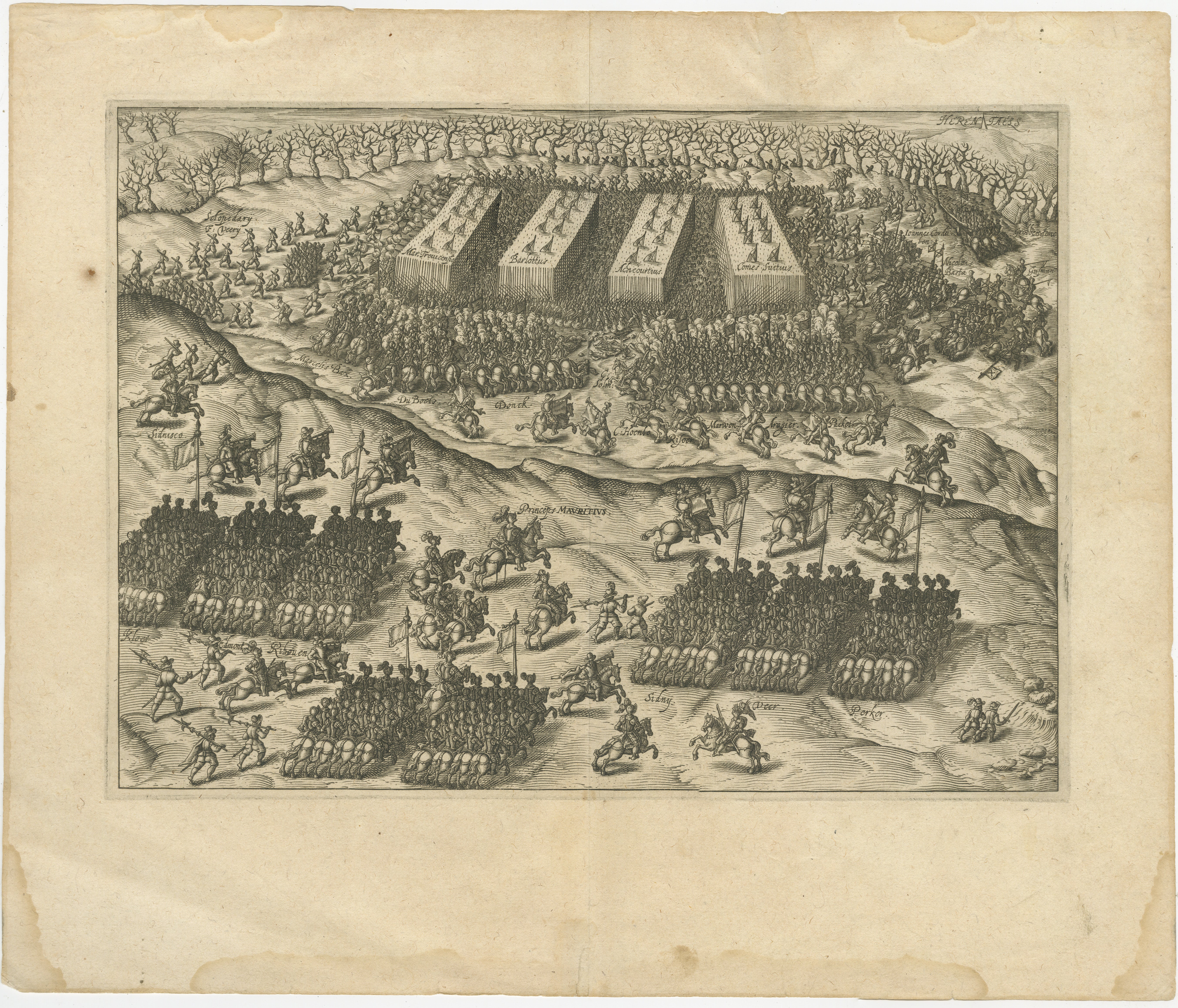 Battle of Turnhout 1597 – Dutch and English Victory over Spanish

This original antique engraving depicts the Battle of Turnhout, fought on January 24, 1597, during the Eighty Years’ War. The engraving shows a dynamic panoramic view of the
