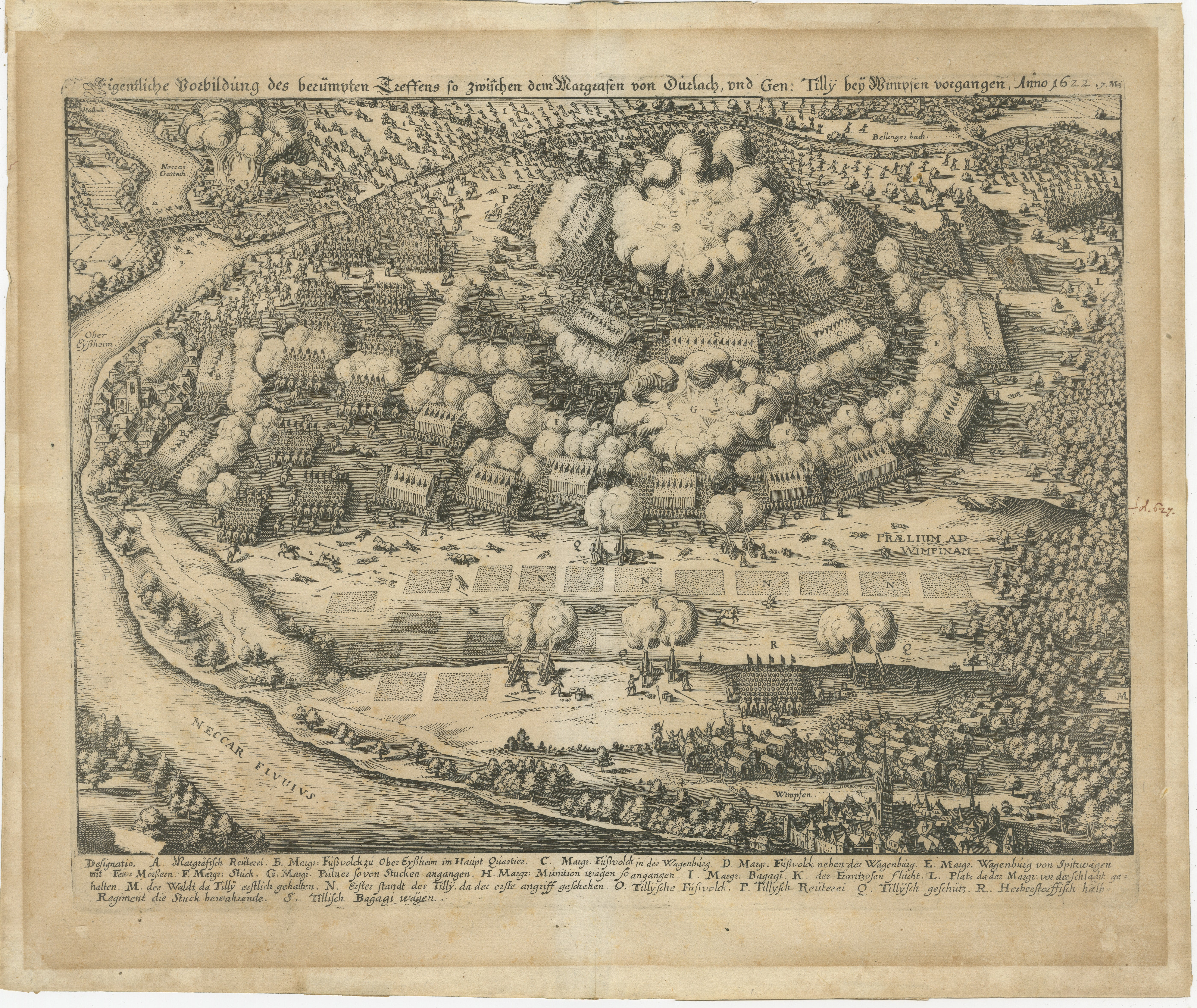 Title: Battle of Wimpfen, 1622: Engraving by Matthäus Merian (ca. 1645)

Description: This antique copper engraving, created by the renowned Swiss-German engraver Matthäus Merian around 1645, depicts the Battle of Wimpfen, which took place on May 6,