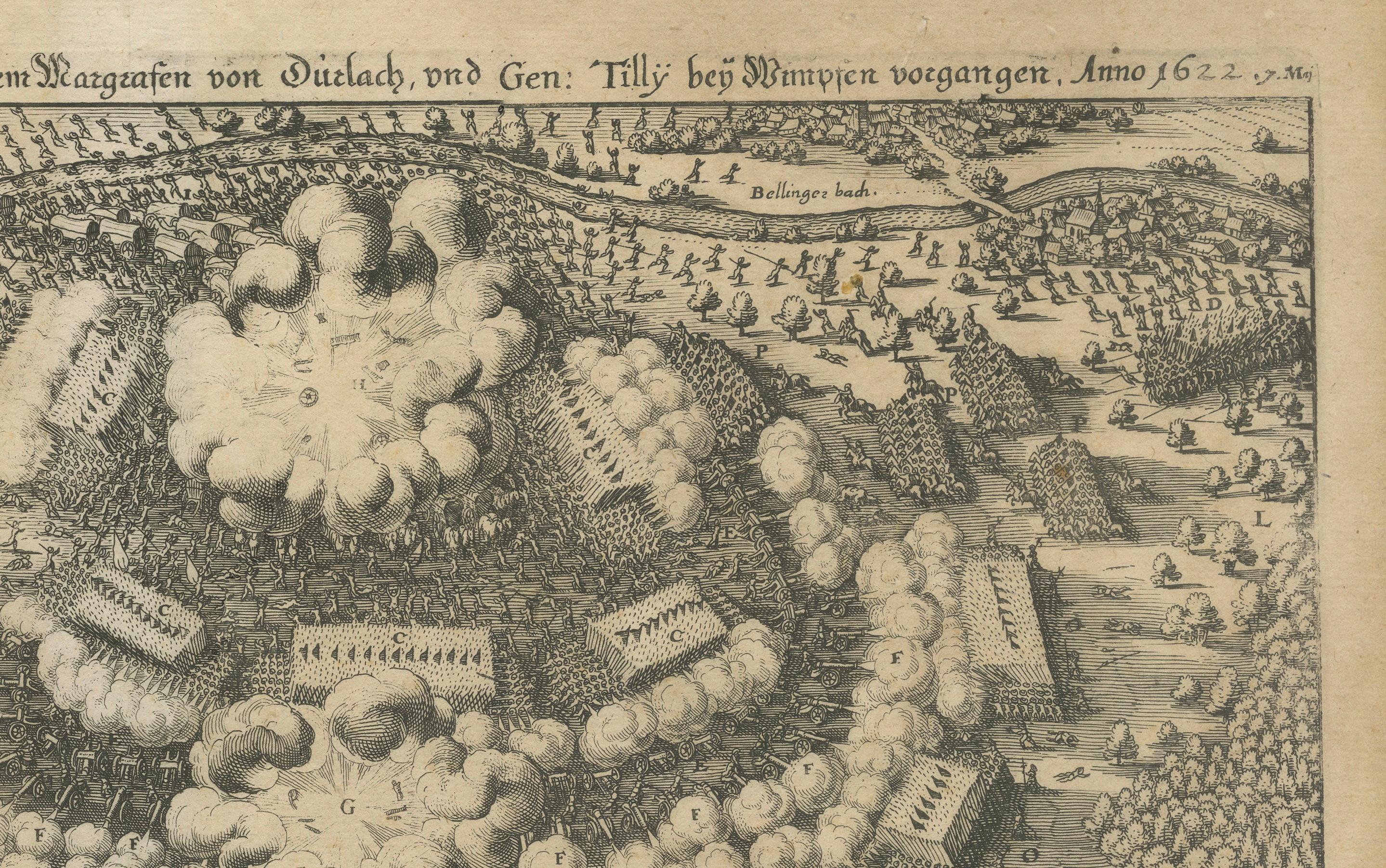 Battle of Wimpfen, 1622: Engraving by Matthäus Merian (ca. 1645) In Fair Condition For Sale In Langweer, NL