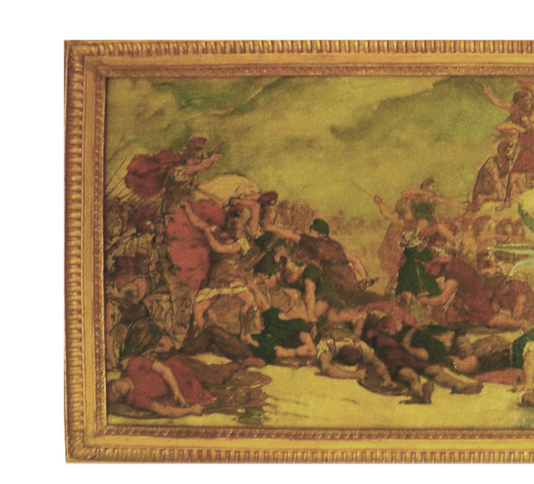 Ein altes Original-Ölgemälde auf Leinwand gerahmt, das eine Schlachtszene zwischen Alexander und den Persern darstellt. 
Maße ohne Rahmen 50 x 100 cm.
Maße einschließlich Rahmen 62 x 112 cm.
 