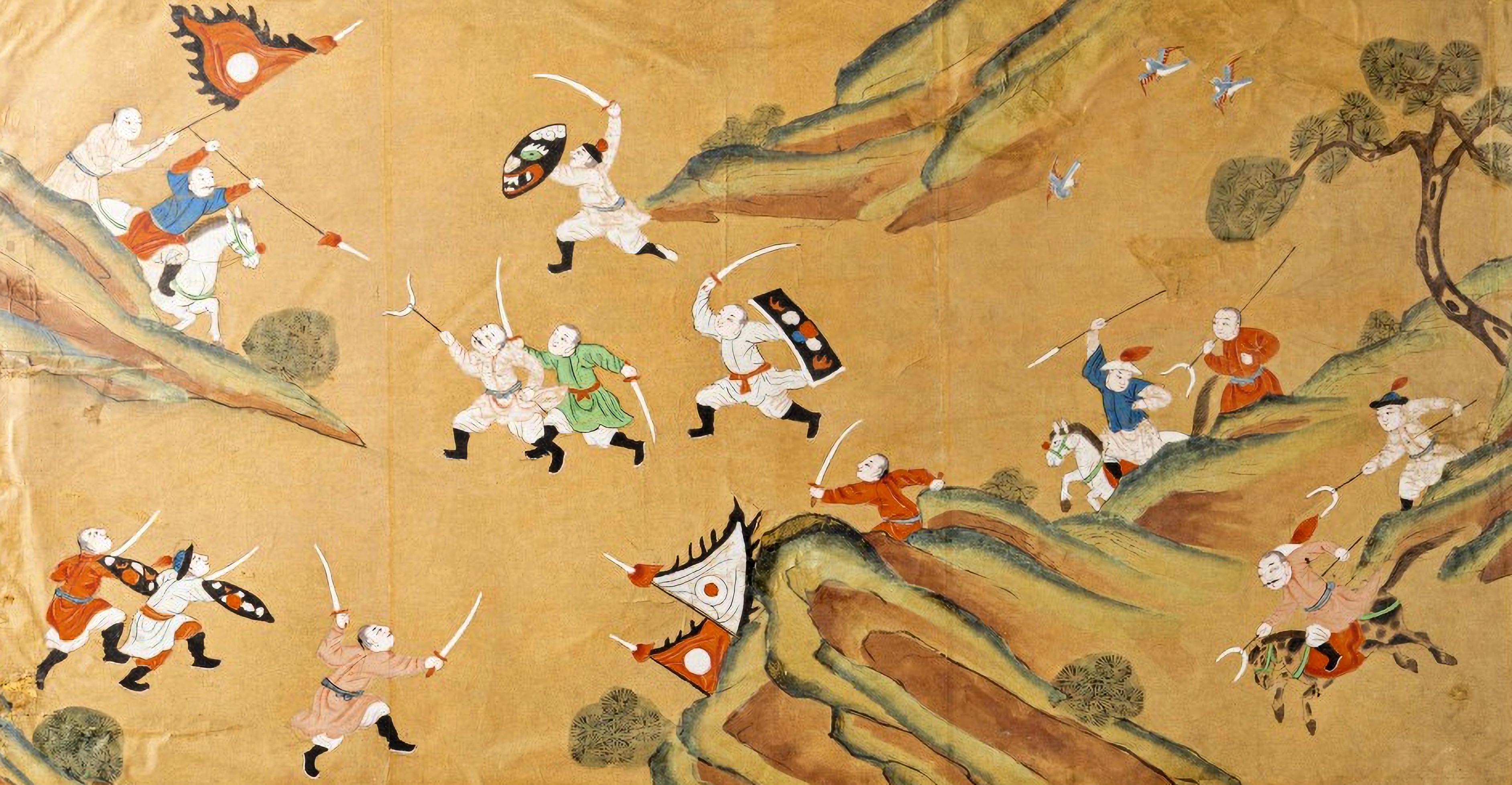 BATTLE SCENE AND HUNTING SCENE Late 18th Century Chinese

Chinese paintings, from the 18th century, on paper. Framed.
Small defects.
Dim.: 177 x 162 cm