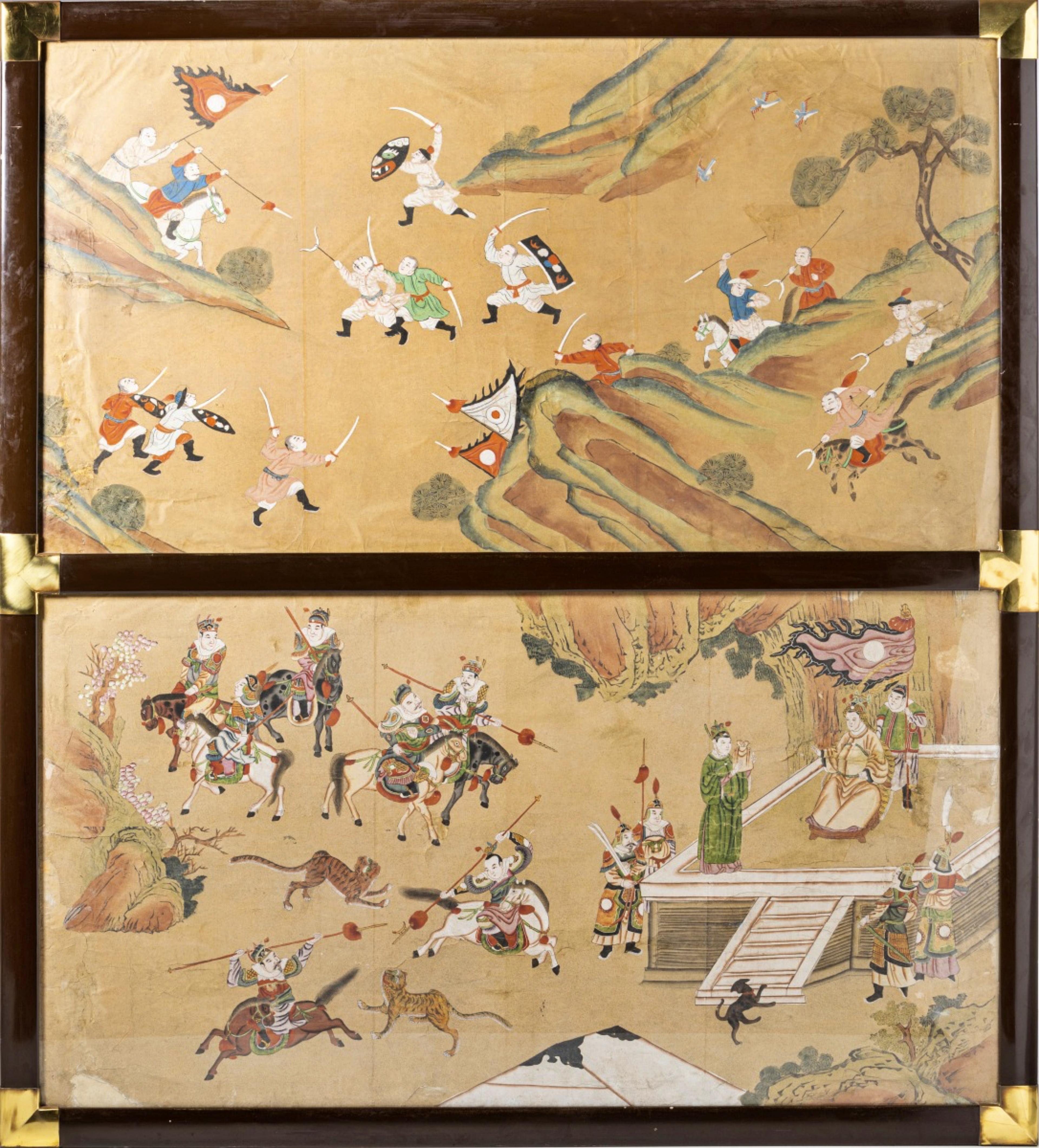 Paper BATTLE SCENE AND HUNTING SCENE Late 18th Century Chinese For Sale
