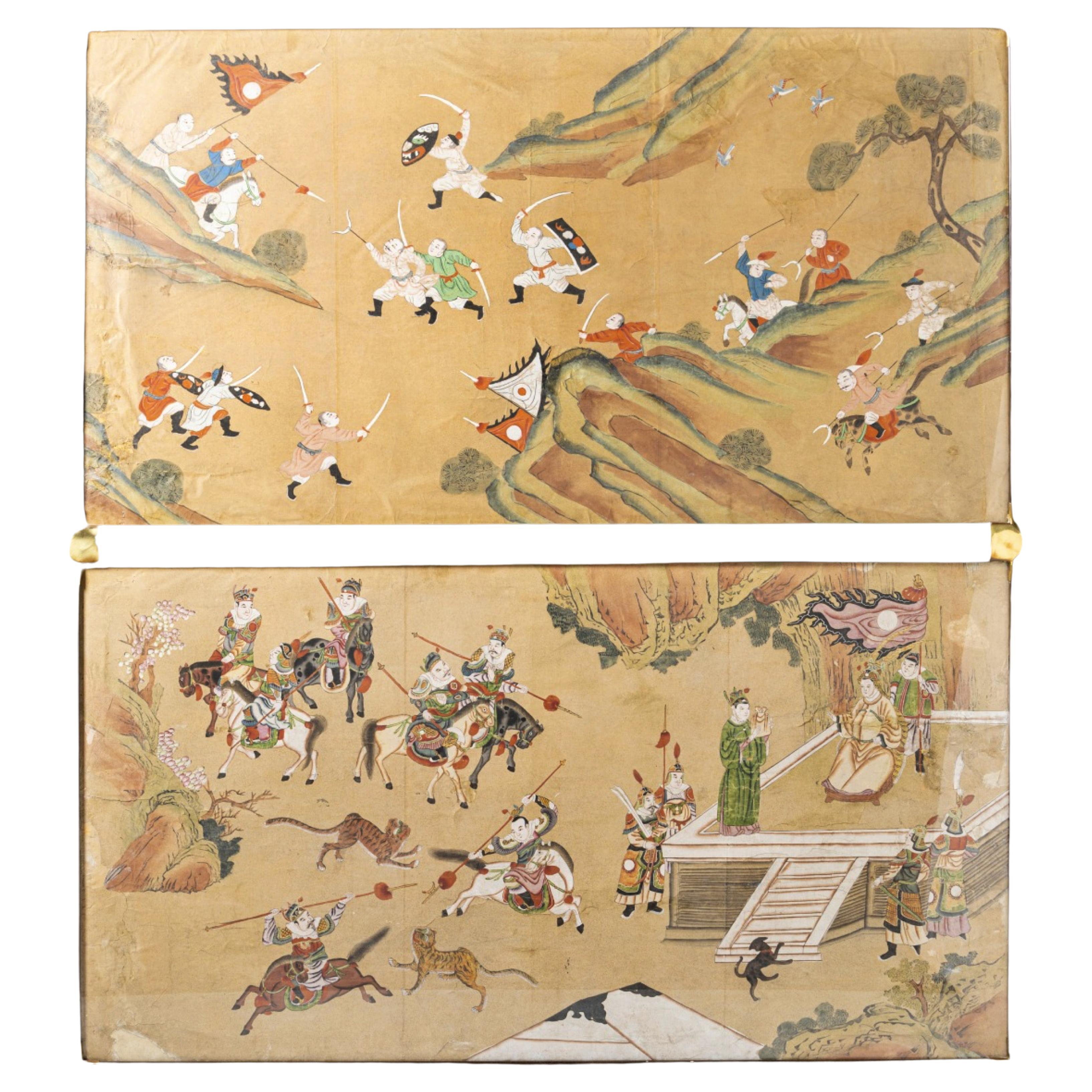 BATTLE SCENE AND HUNTING SCENE Late 18th Century Chinese For Sale