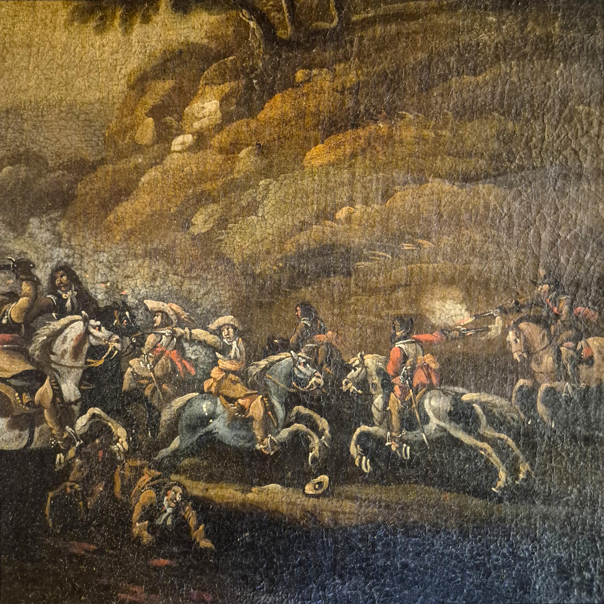 Scène de bataille dans le goût de G. Zais, Huile sur toile, cadre doré, 19e siècle en vente 4