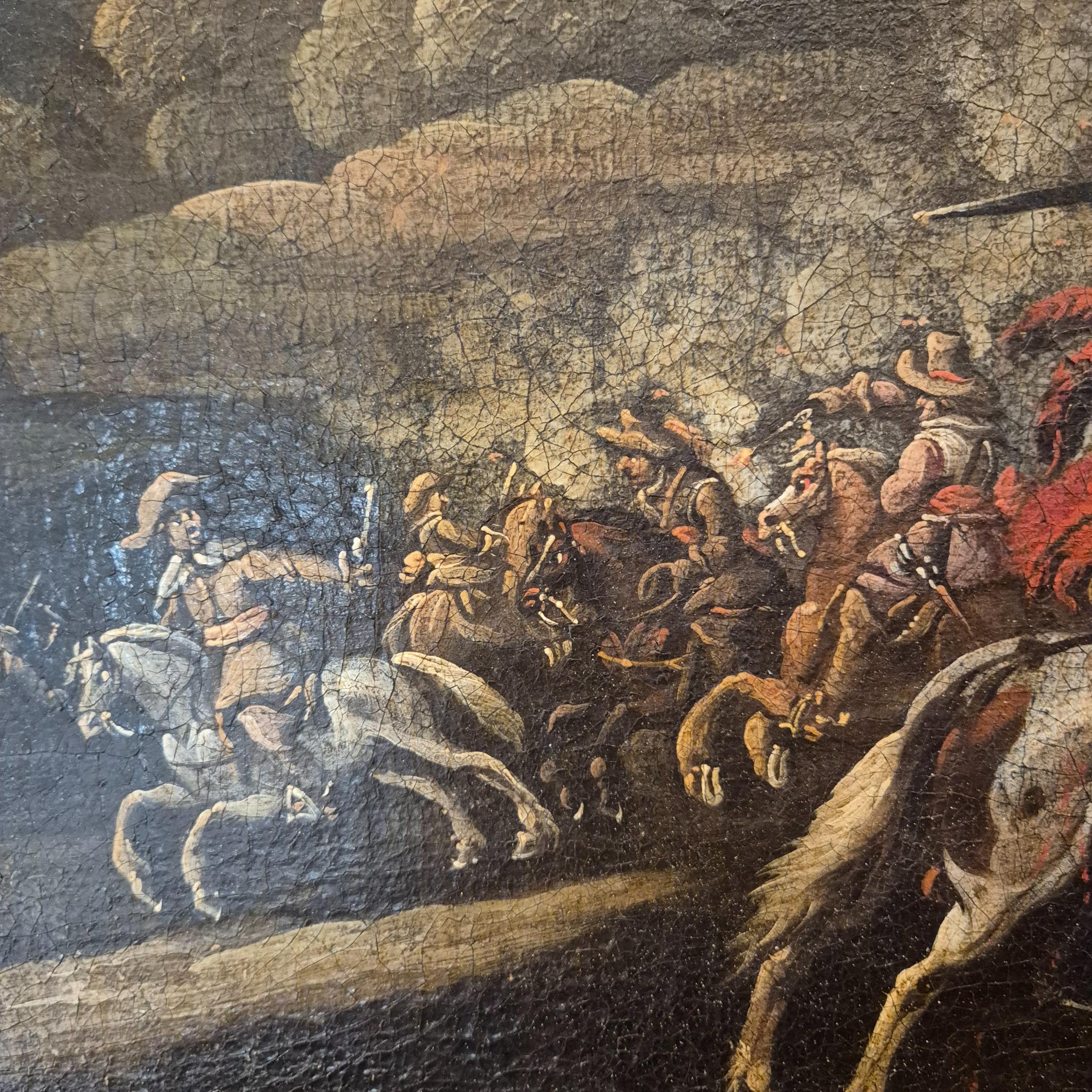 Scène de bataille dans le goût de G. Zais, Huile sur toile, cadre doré, 19e siècle en vente 6