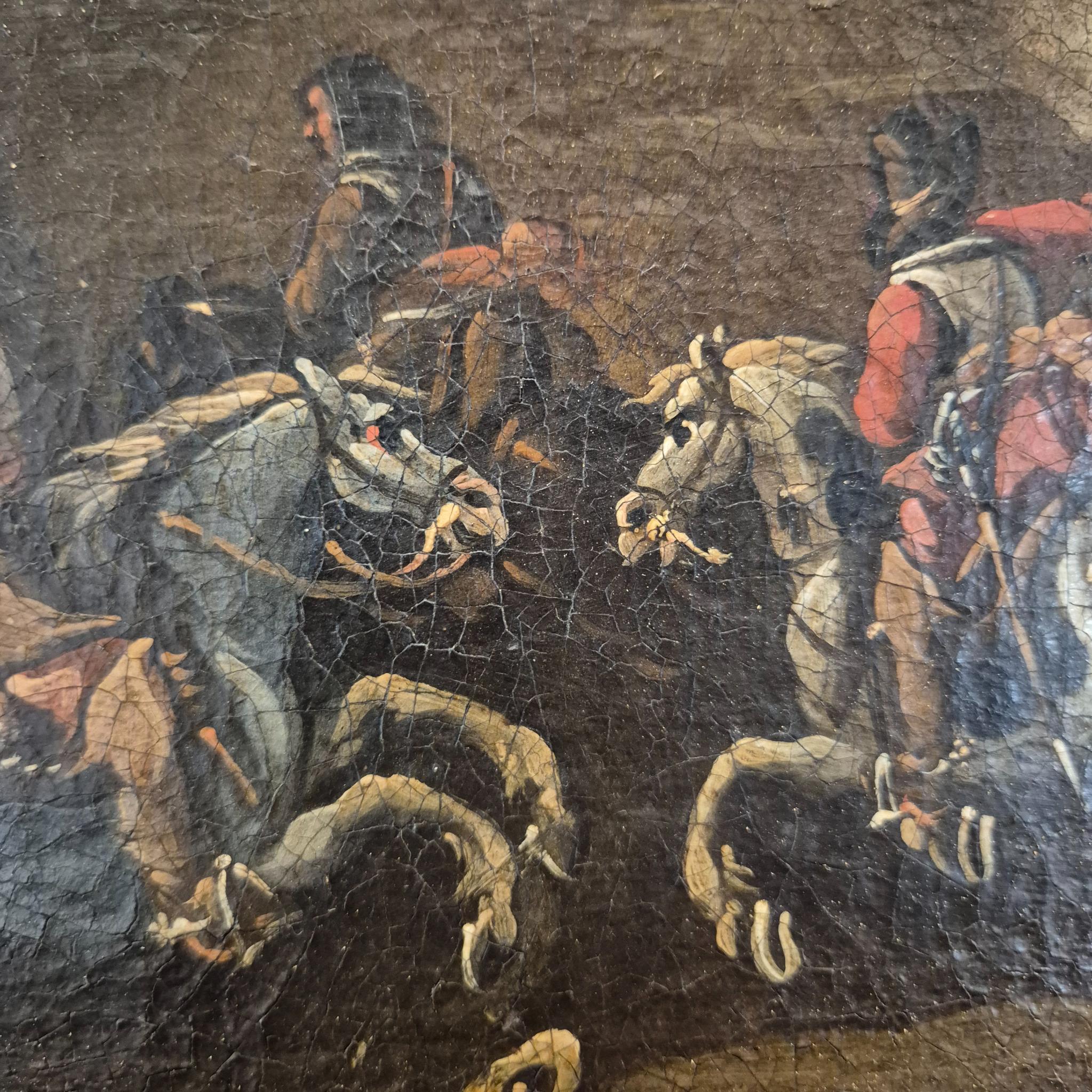 Scène de bataille dans le goût de G. Zais, Huile sur toile, cadre doré, 19e siècle en vente 8