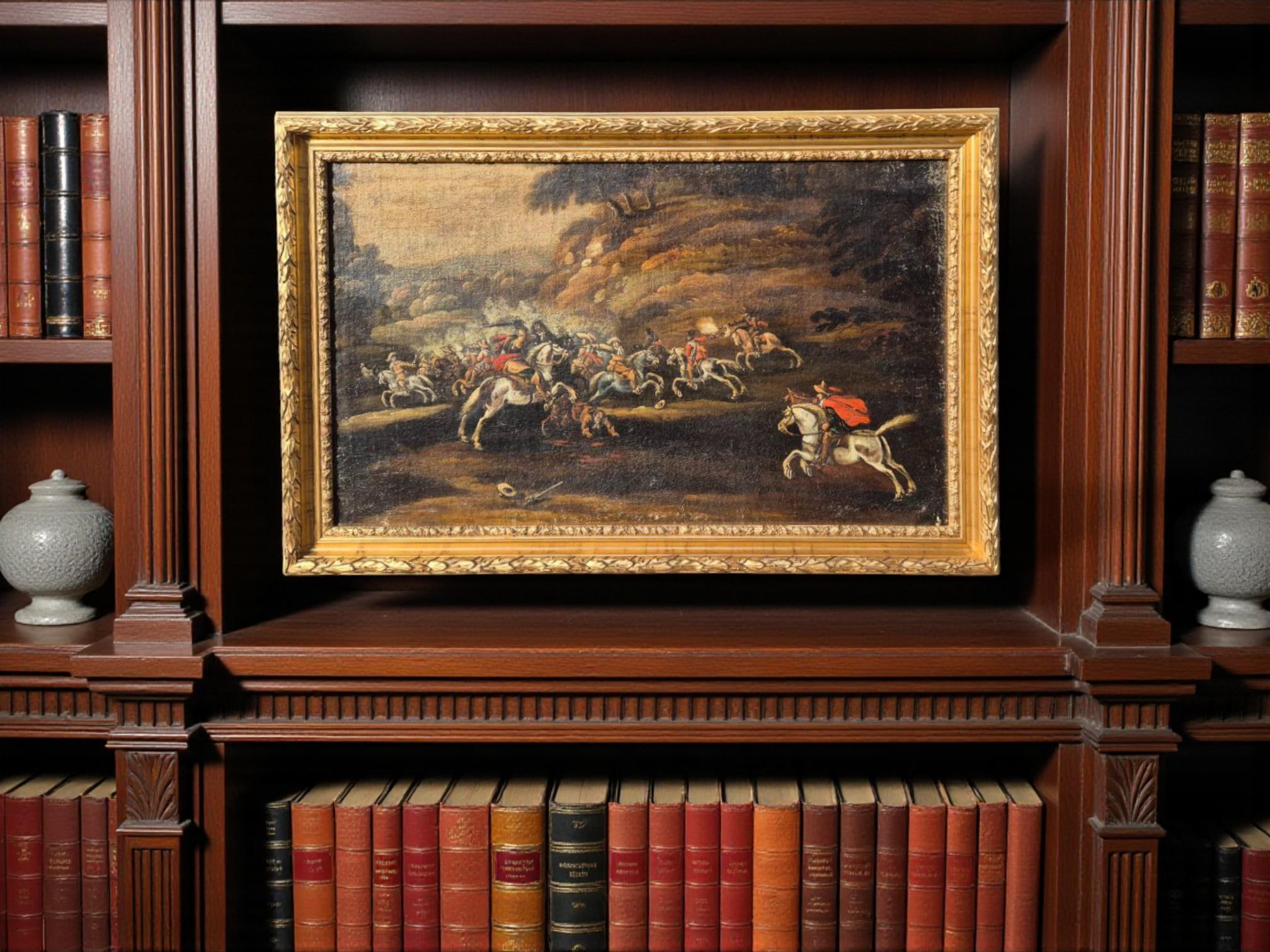 Louis XIV Scène de bataille dans le goût de G. Zais, Huile sur toile, cadre doré, 19e siècle en vente