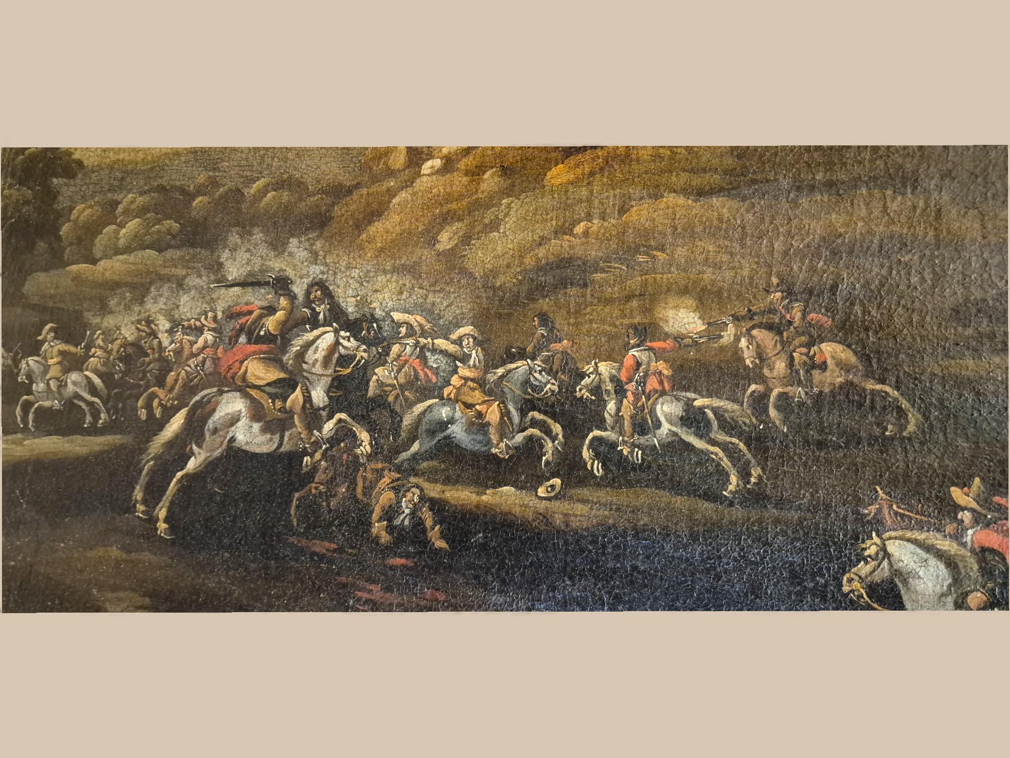 Français Scène de bataille dans le goût de G. Zais, Huile sur toile, cadre doré, 19e siècle en vente