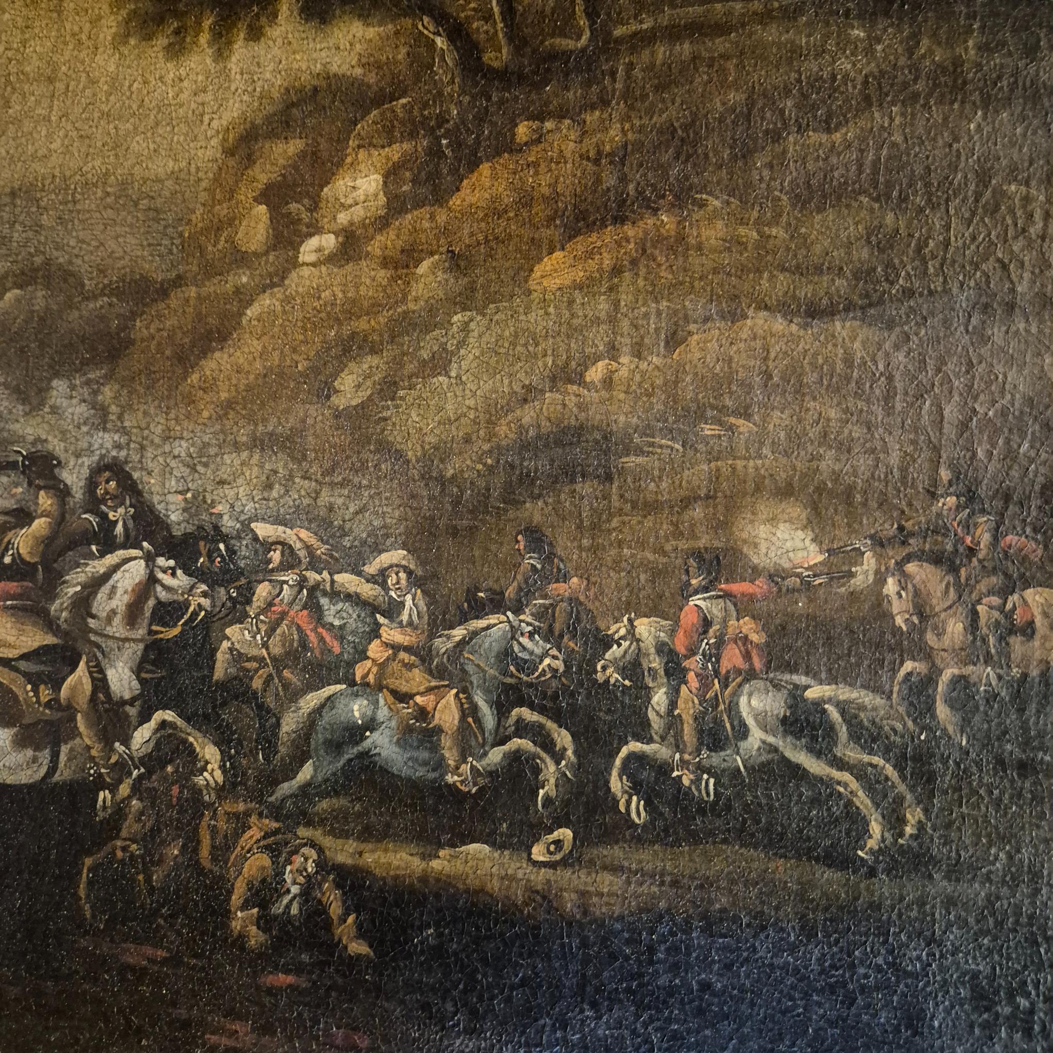 Scène de bataille dans le goût de G. Zais, Huile sur toile, cadre doré, 19e siècle Bon état - En vente à NICE, FR