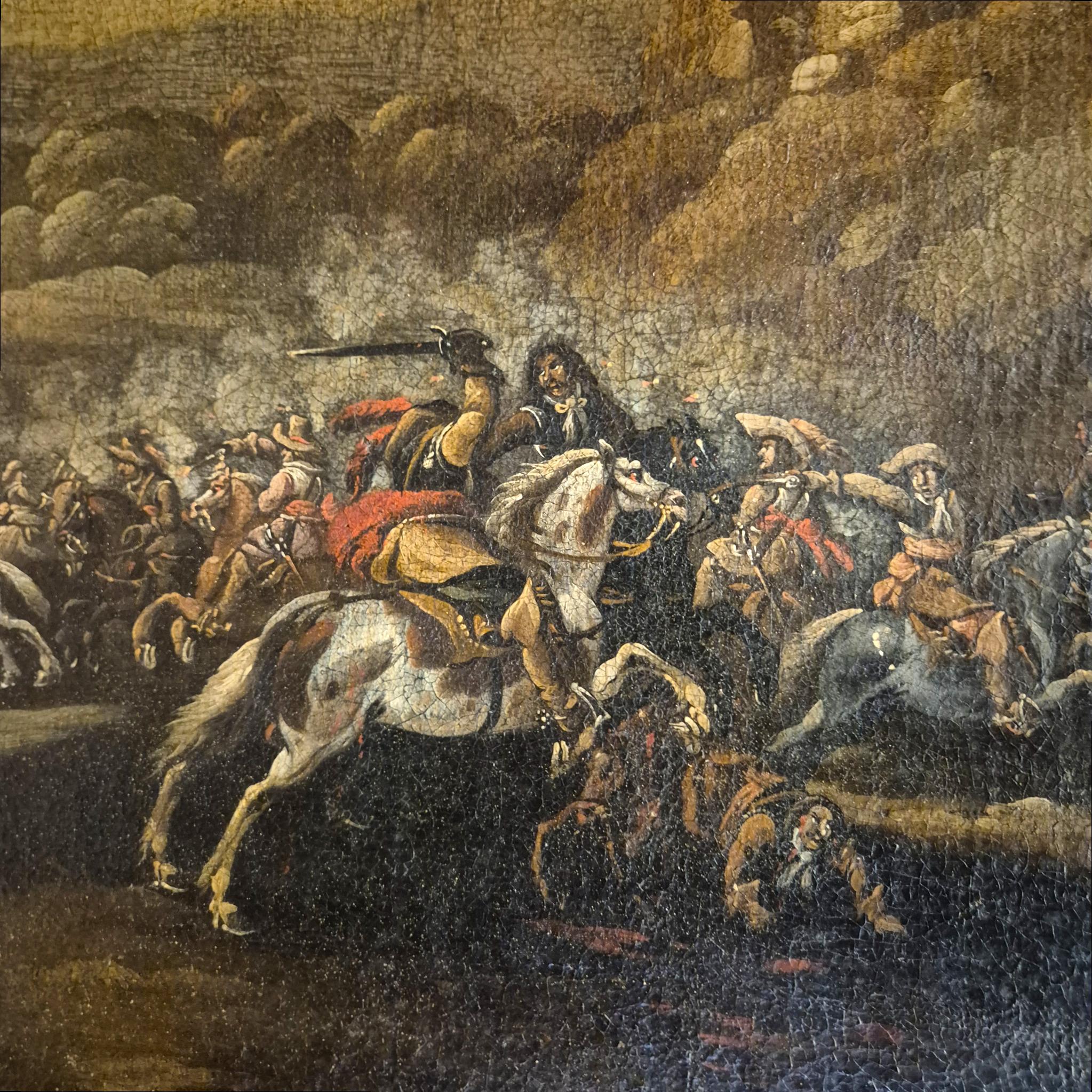 XVIIIe siècle Scène de bataille dans le goût de G. Zais, Huile sur toile, cadre doré, 19e siècle en vente
