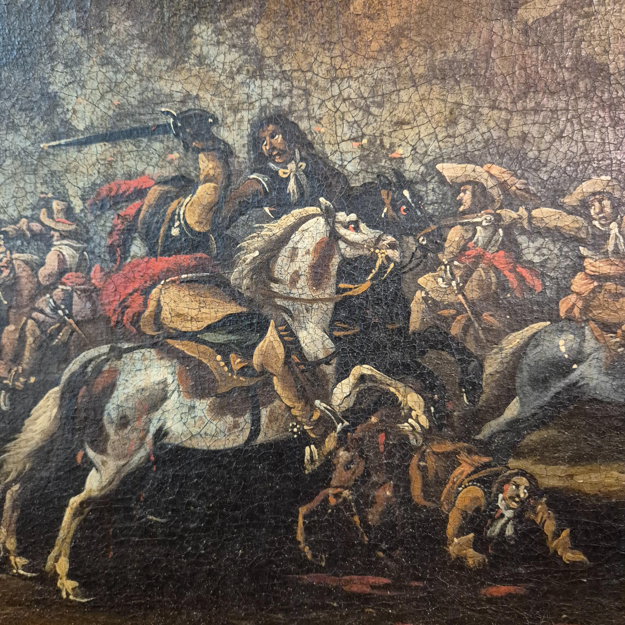 Toile Scène de bataille dans le goût de G. Zais, Huile sur toile, cadre doré, 19e siècle en vente