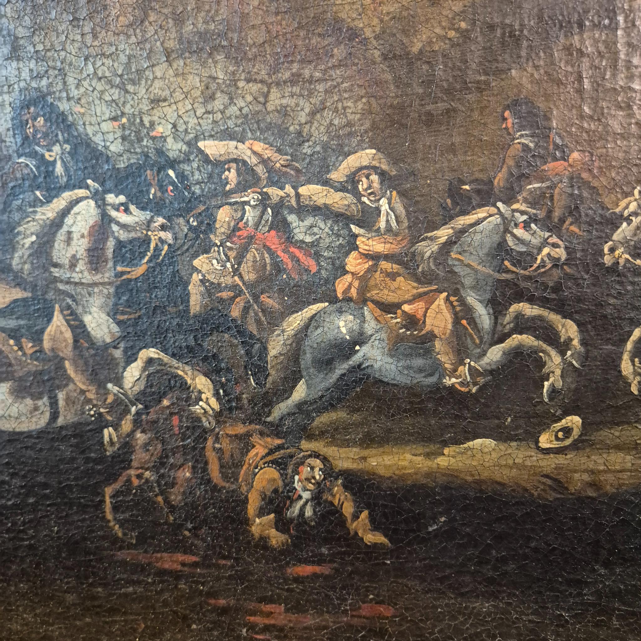 Scène de bataille dans le goût de G. Zais, Huile sur toile, cadre doré, 19e siècle en vente 1