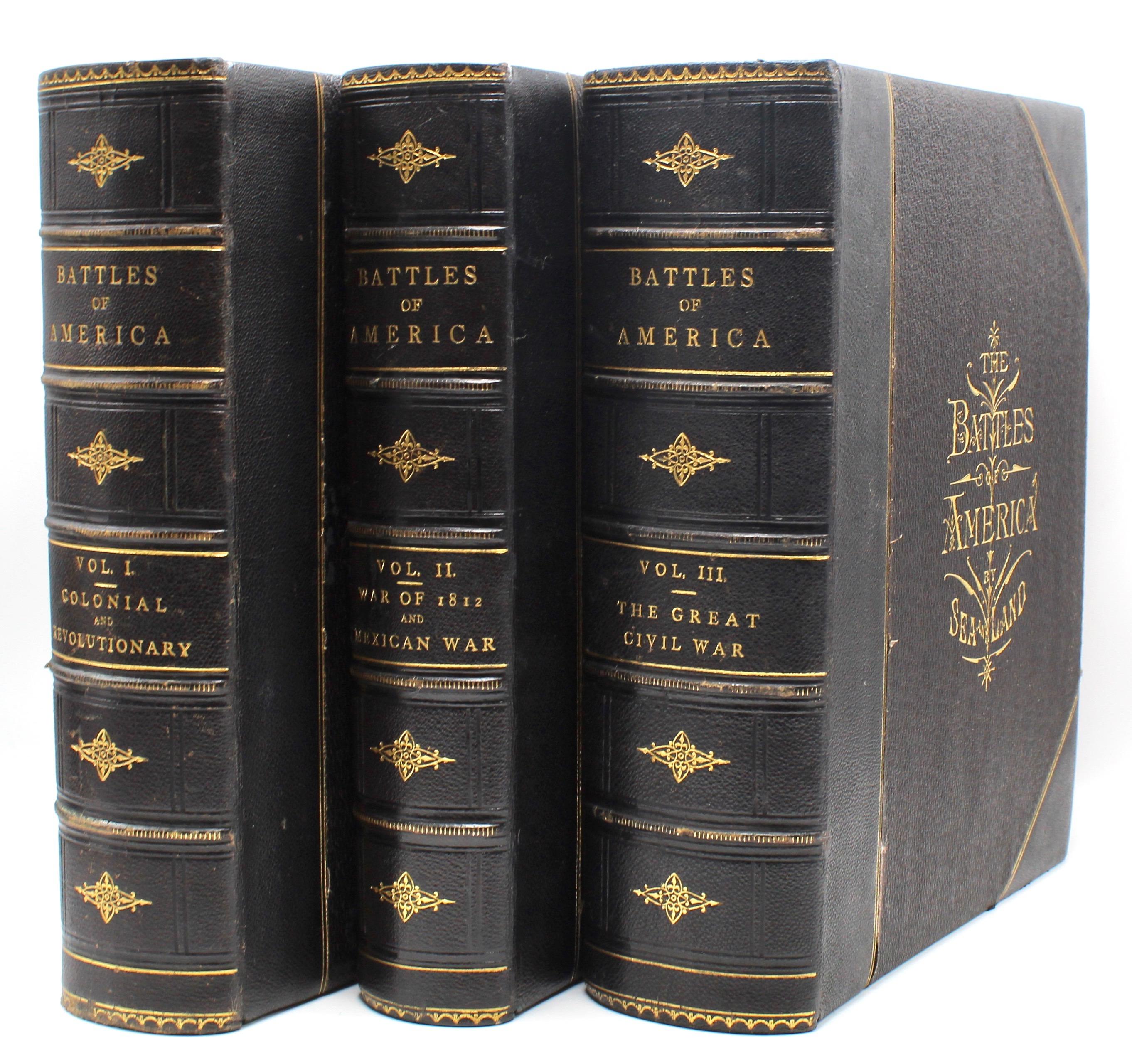 Tomes, Robert and John Laird Wilson. The Battles of America by Sea and Land. New York: Patterson & Neilson, 1878. Thick quarto three volume set, bound in 3/4 black leather with gilt titles and tooling. 

Presented is an early edition of Robert