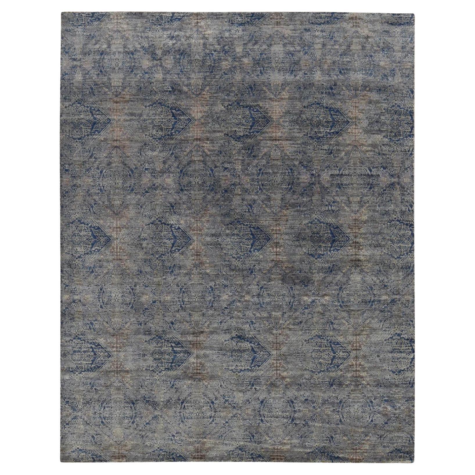 Battleship Gray ERASED ROSSETS Silk with Wool Hand Knotted Oriental Rug