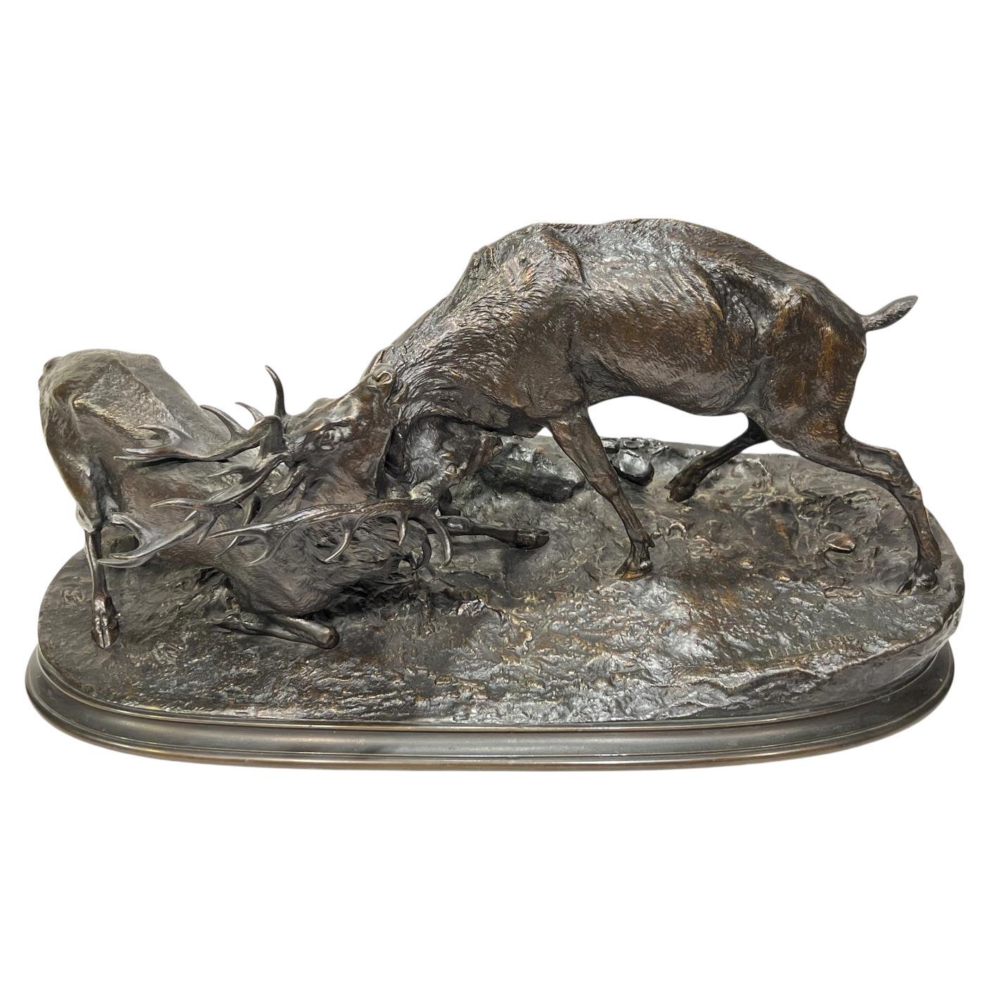 Battling Stags Patinated Bronze After Pierre Jules Mene