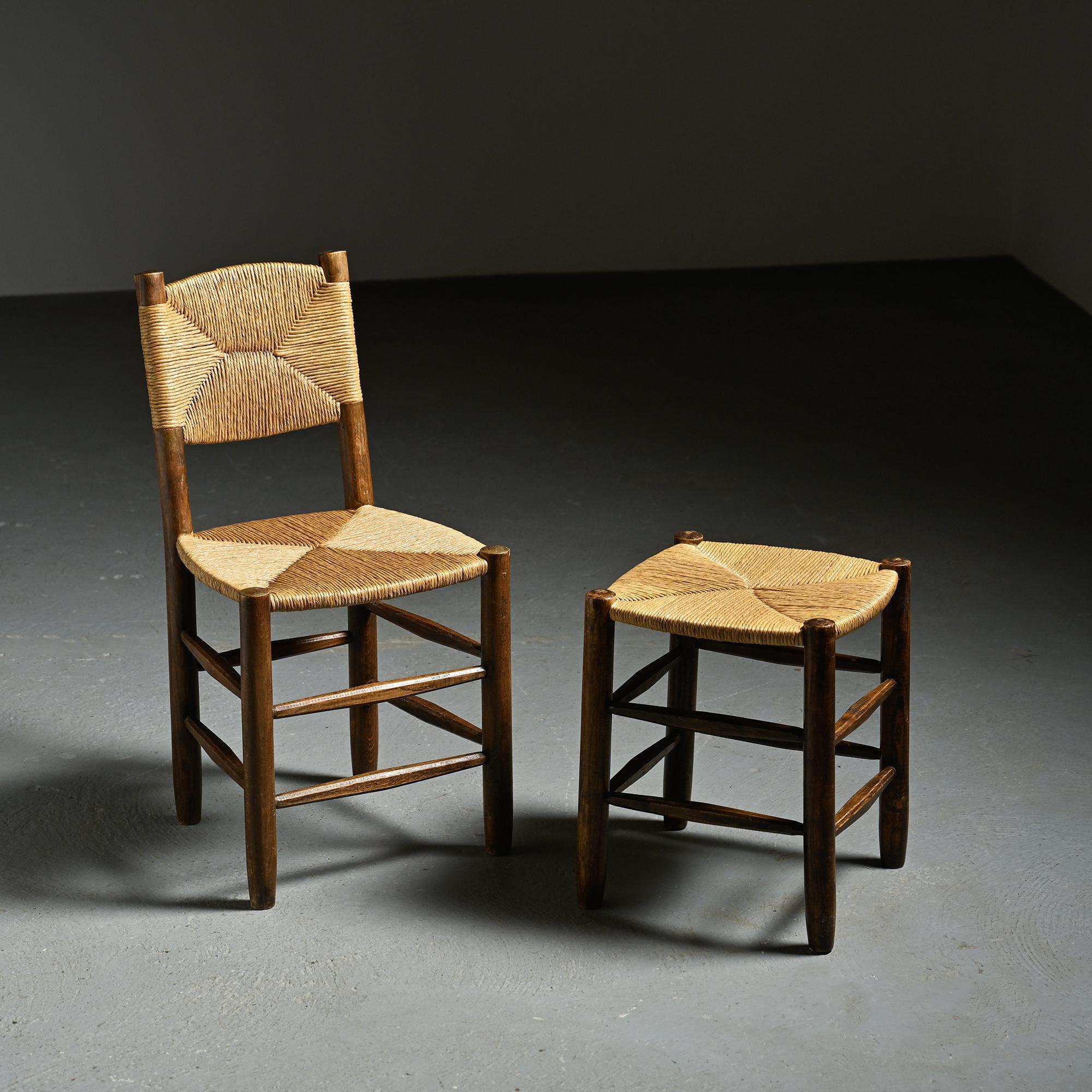 Bauche Chair & Stool by Charlotte Perriand, circa 1950, Set of 2 Moderno de mediados de siglo en venta