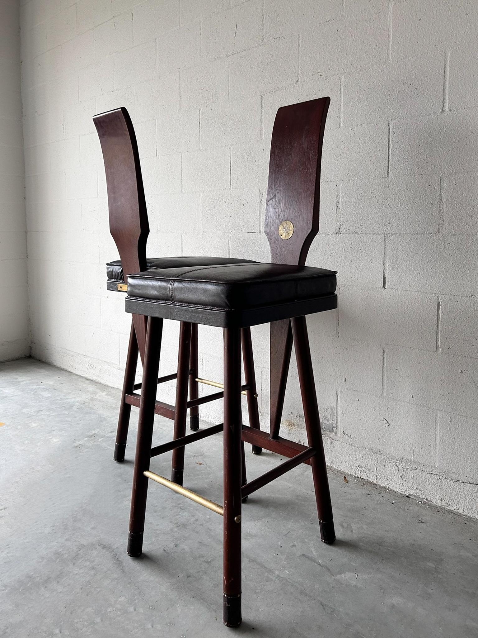 American 20th c. Brass and Leather Barstools  For Sale