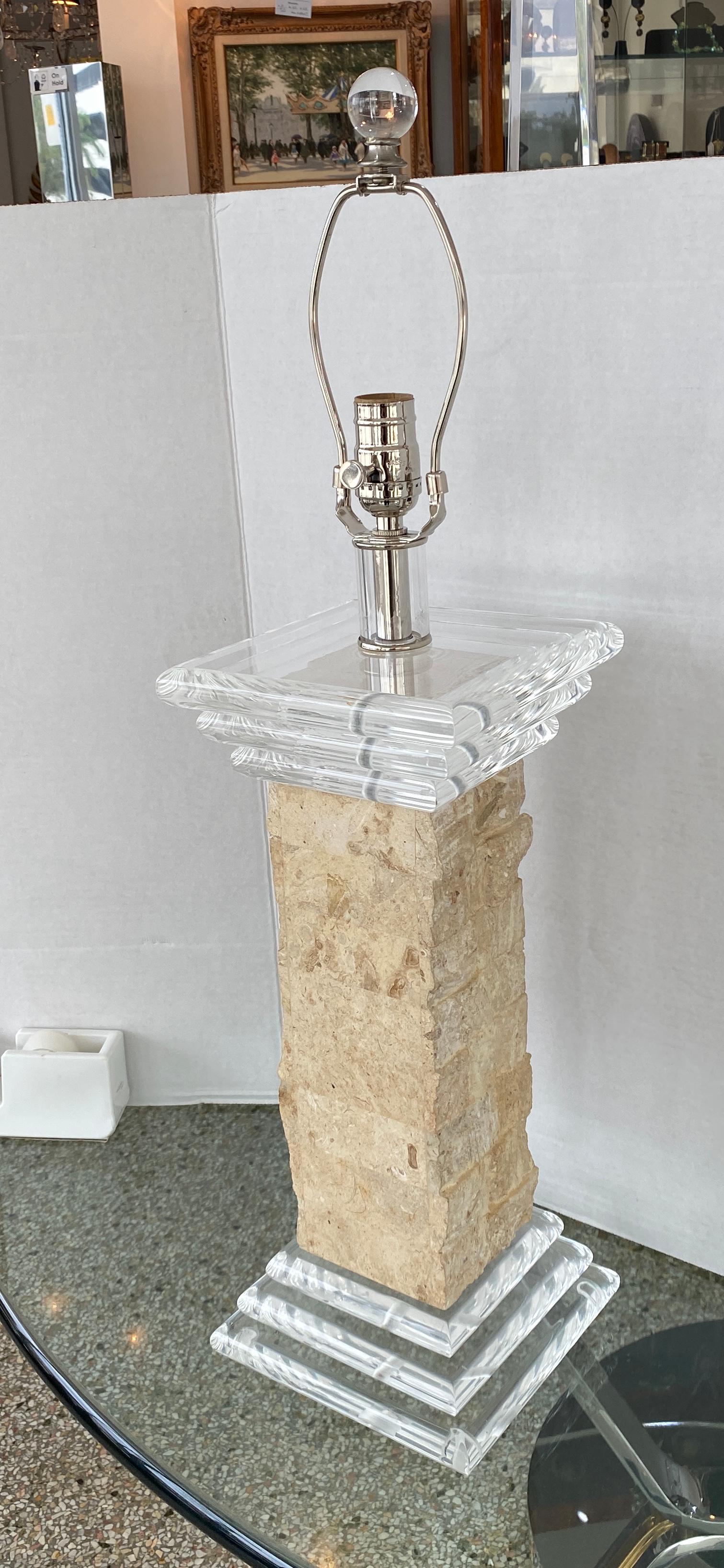 Fabric Bauer Lamp Company Travertine and Lucite Table Lamp For Sale