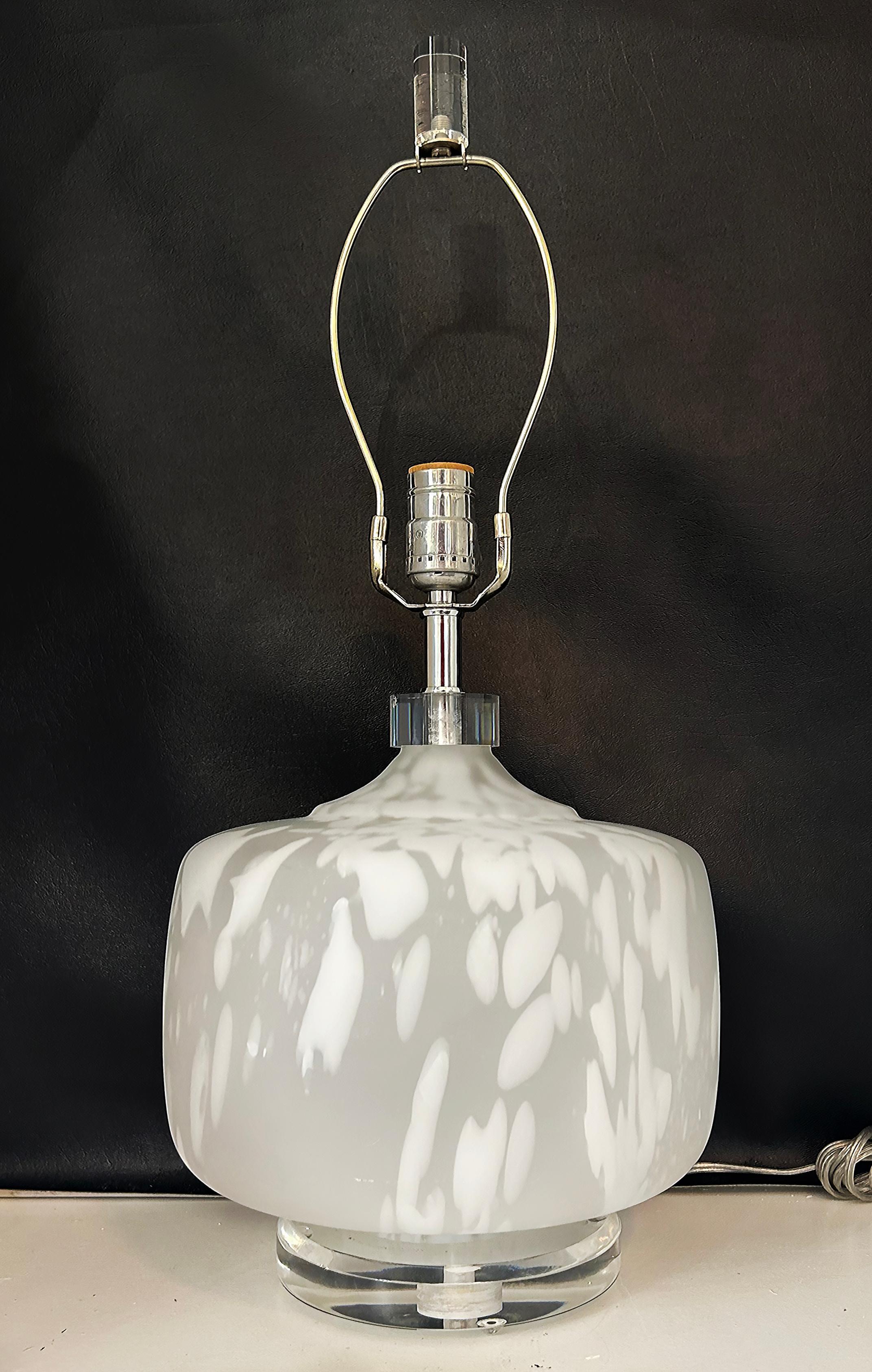 Bauer Mottled Glass and Lucite Table Lamp a New Custom Shade, Wired and Working

Offered for sale is a Bauer Lamp Company mottled glass and lucite mid-century modern table lamp with lucite base and finial.  This lamp was newly re-wired and has a new