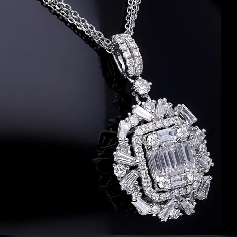 Mixed Cut Baguette Diamond Necklace For Sale