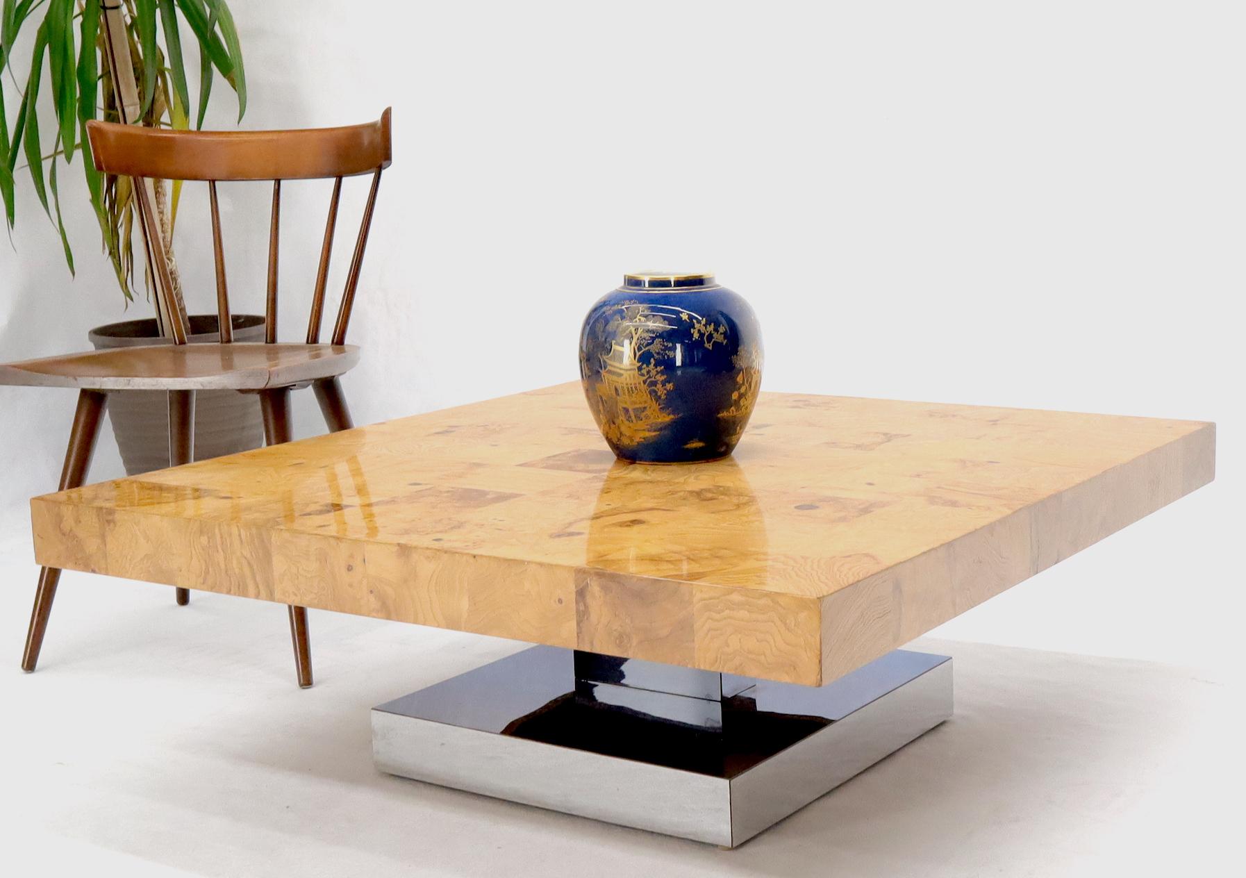 Milo Baughman for Thayer Coggin square Mid-Century Modern coffee table in burl patch top sitting on chrome pedestal.