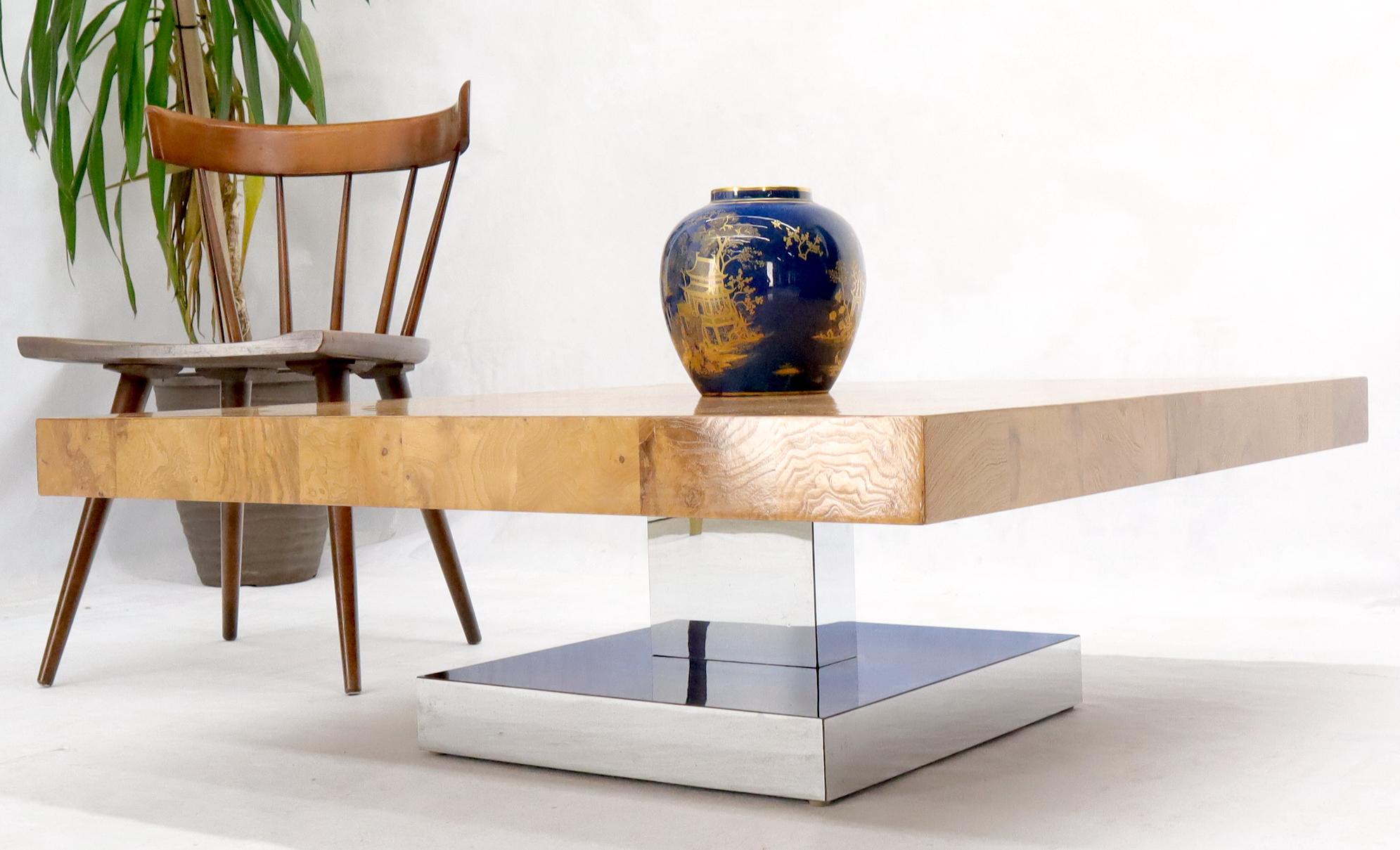 Mid-Century Modern Baughman Square Burl Wood Patch Coffee Table on Chrome Pedestal Coffee Table 