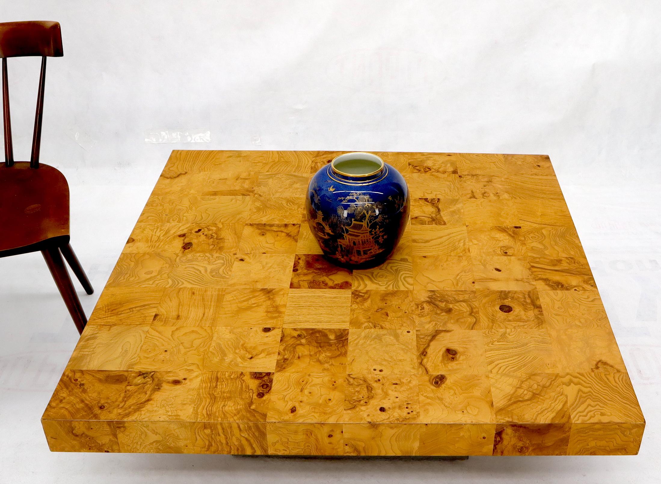 Baughman Square Burl Wood Patch Coffee Table on Chrome Pedestal Coffee Table  In Excellent Condition In Rockaway, NJ