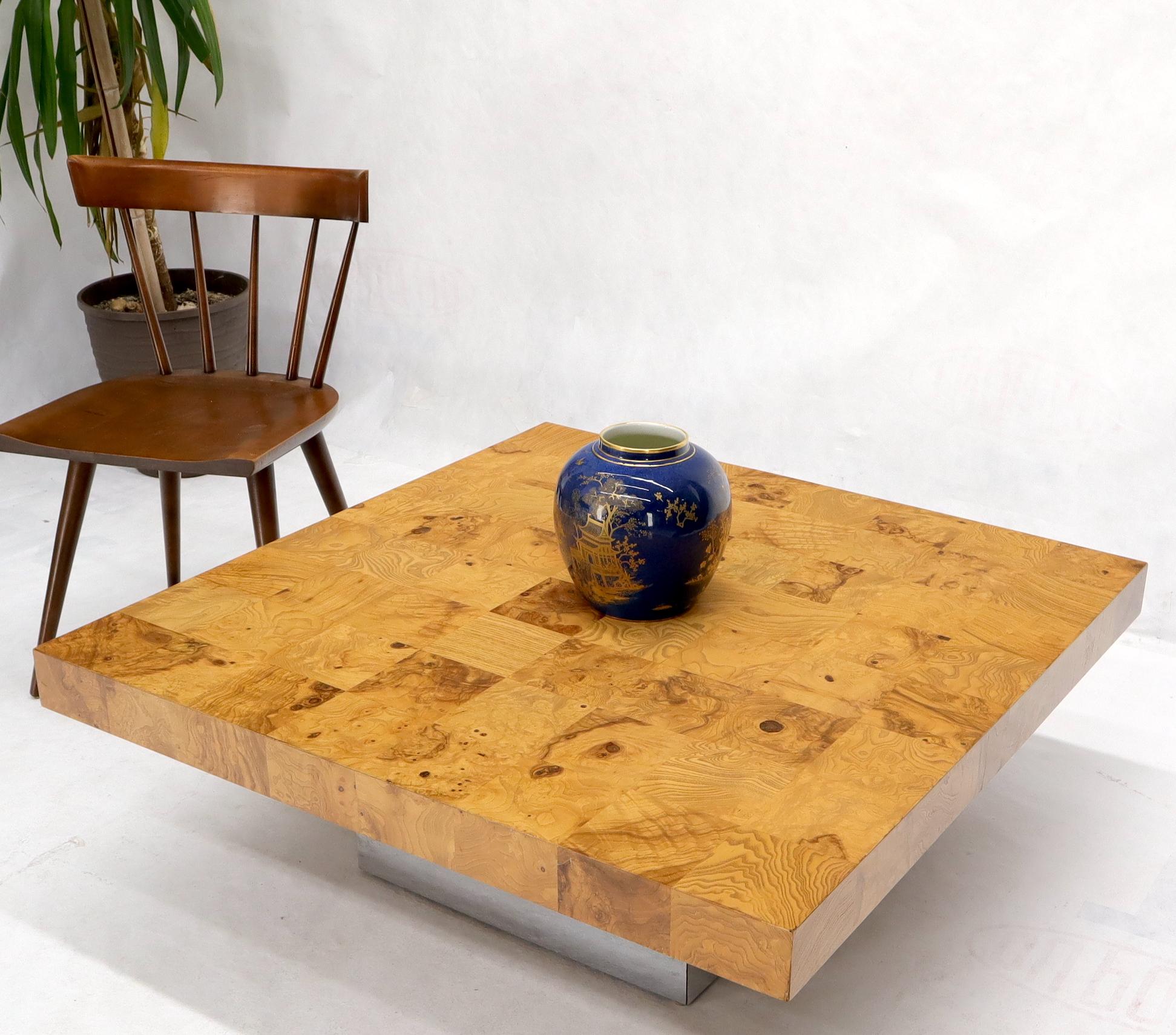 20th Century Baughman Square Burl Wood Patch Coffee Table on Chrome Pedestal Coffee Table 