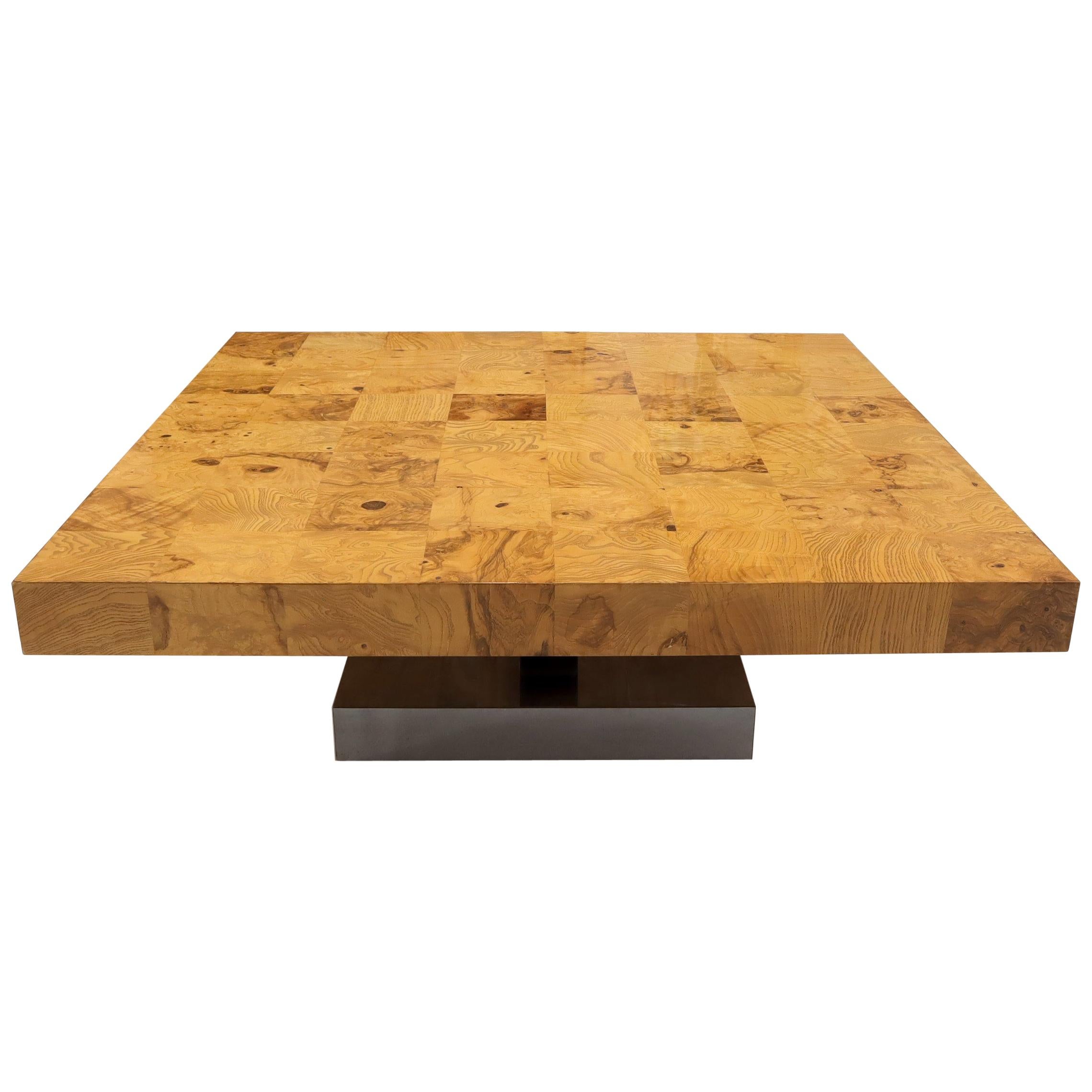 Baughman Square Burl Wood Patch Coffee Table on Chrome Pedestal Coffee Table 
