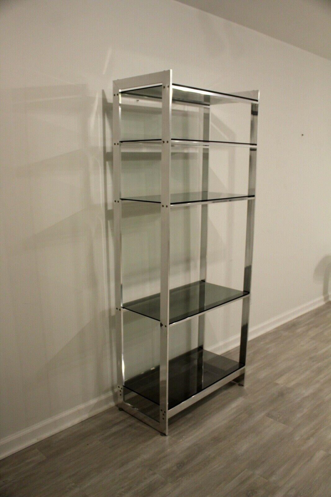 Baughman Style Brushed Steel & Smoked Glass Etagere Shelving Unit In Good Condition For Sale In Keego Harbor, MI