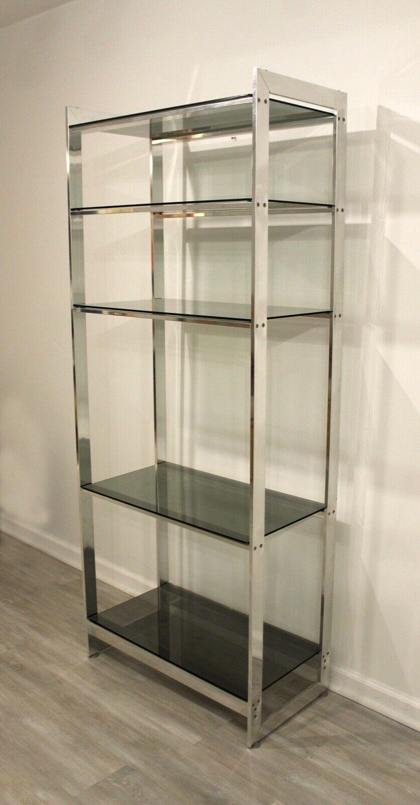 Baughman Style Brushed Steel & Smoked Glass Etagere Shelving Unit For Sale 3