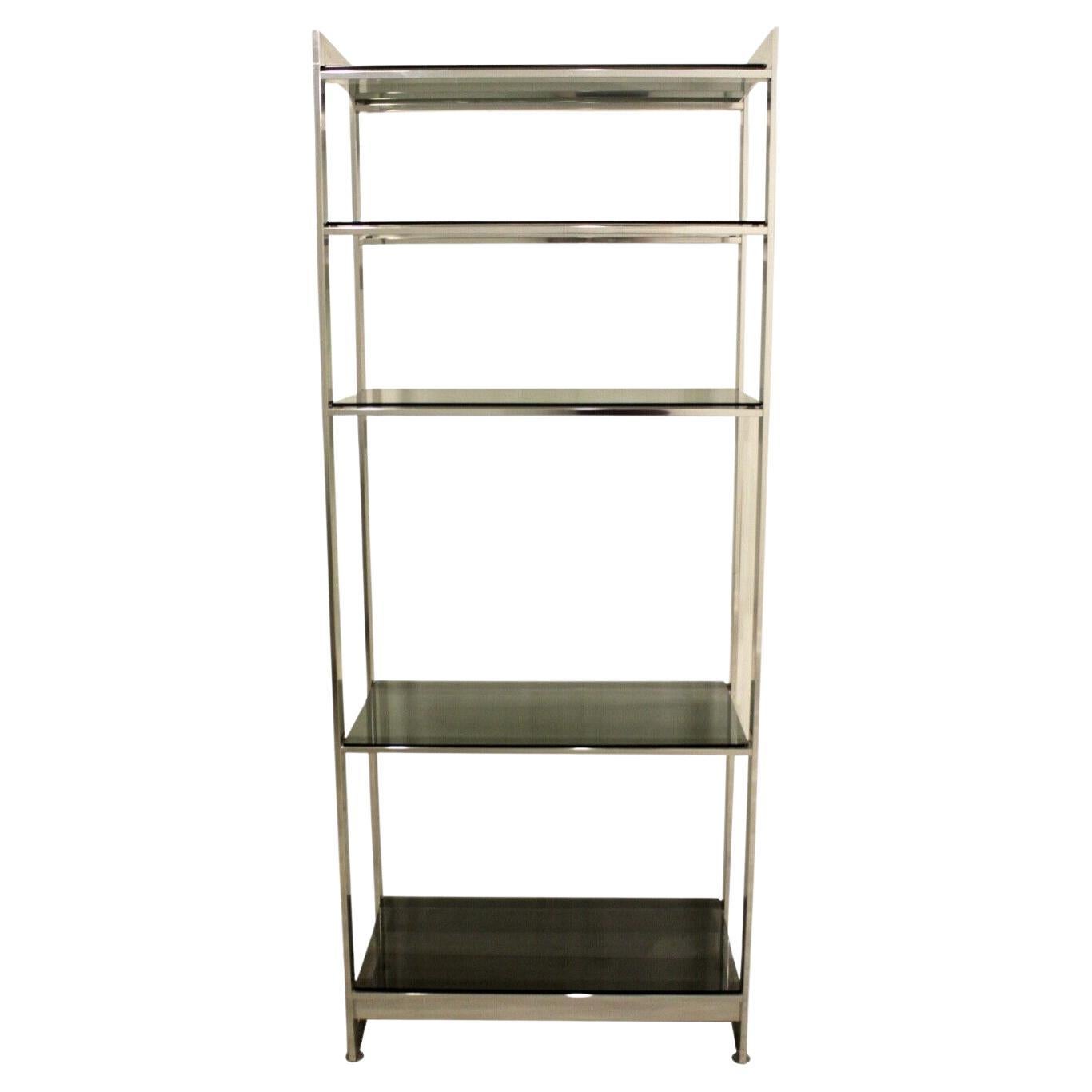 Baughman Style Brushed Steel & Smoked Glass Etagere Shelving Unit For Sale