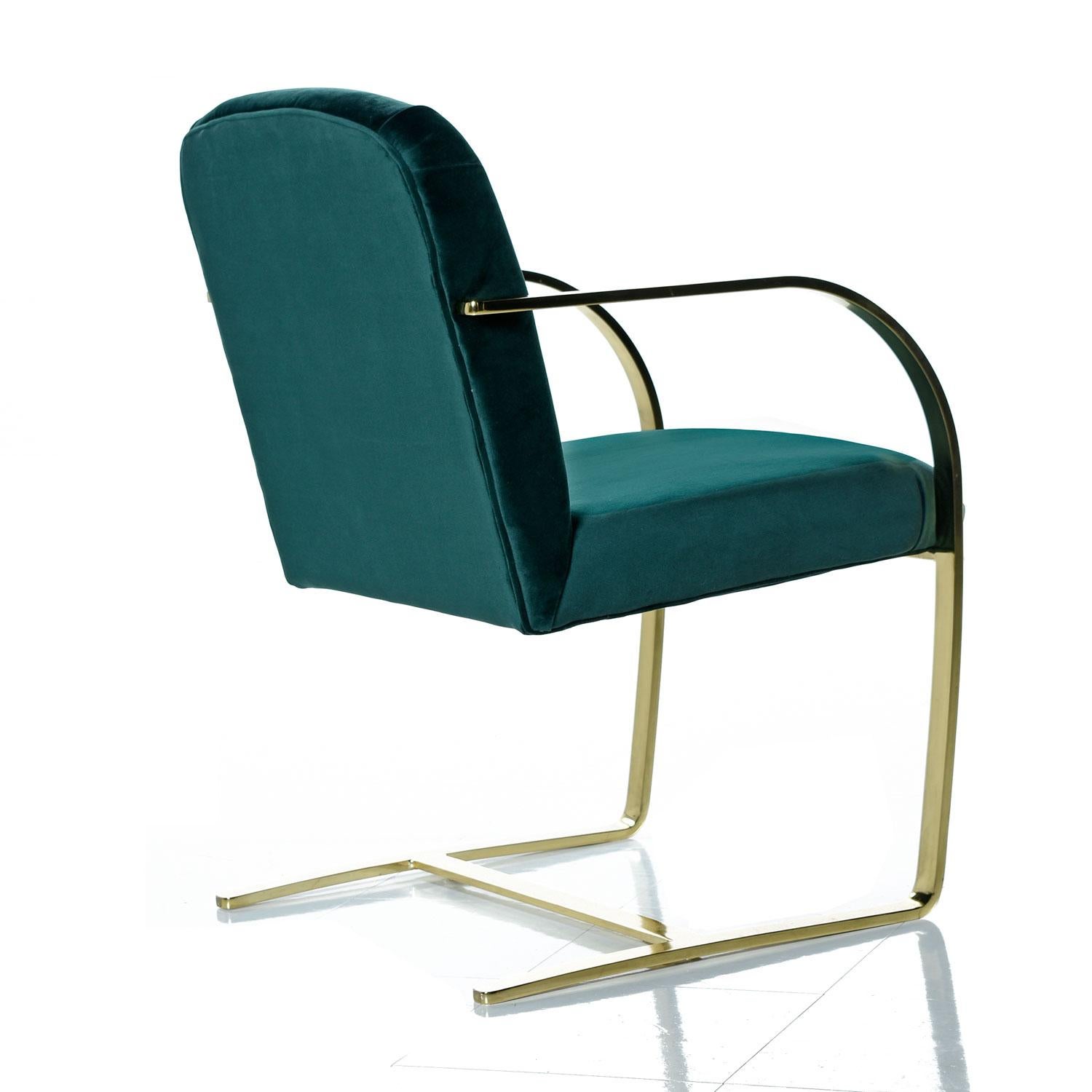 Mid-Century Modern Baughman Style Forest Green Velvet Flat Bar Cantilever Brass Armchair Set of 2