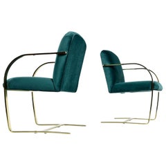 Baughman Style Forest Green Velvet Flat Bar Cantilever Brass Armchair Set of 2