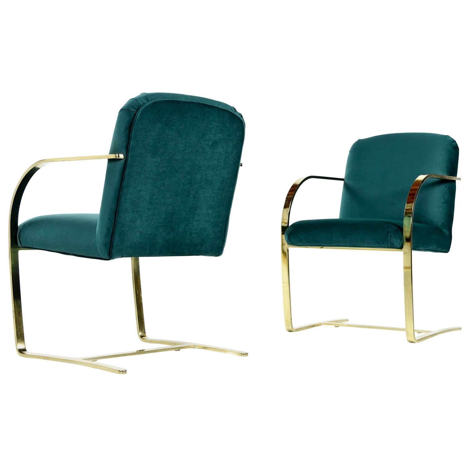 Mid-Century Modern Baughman Style Forest Green Velvet Flat Bar Cantilever Brass Armchair Set of 6