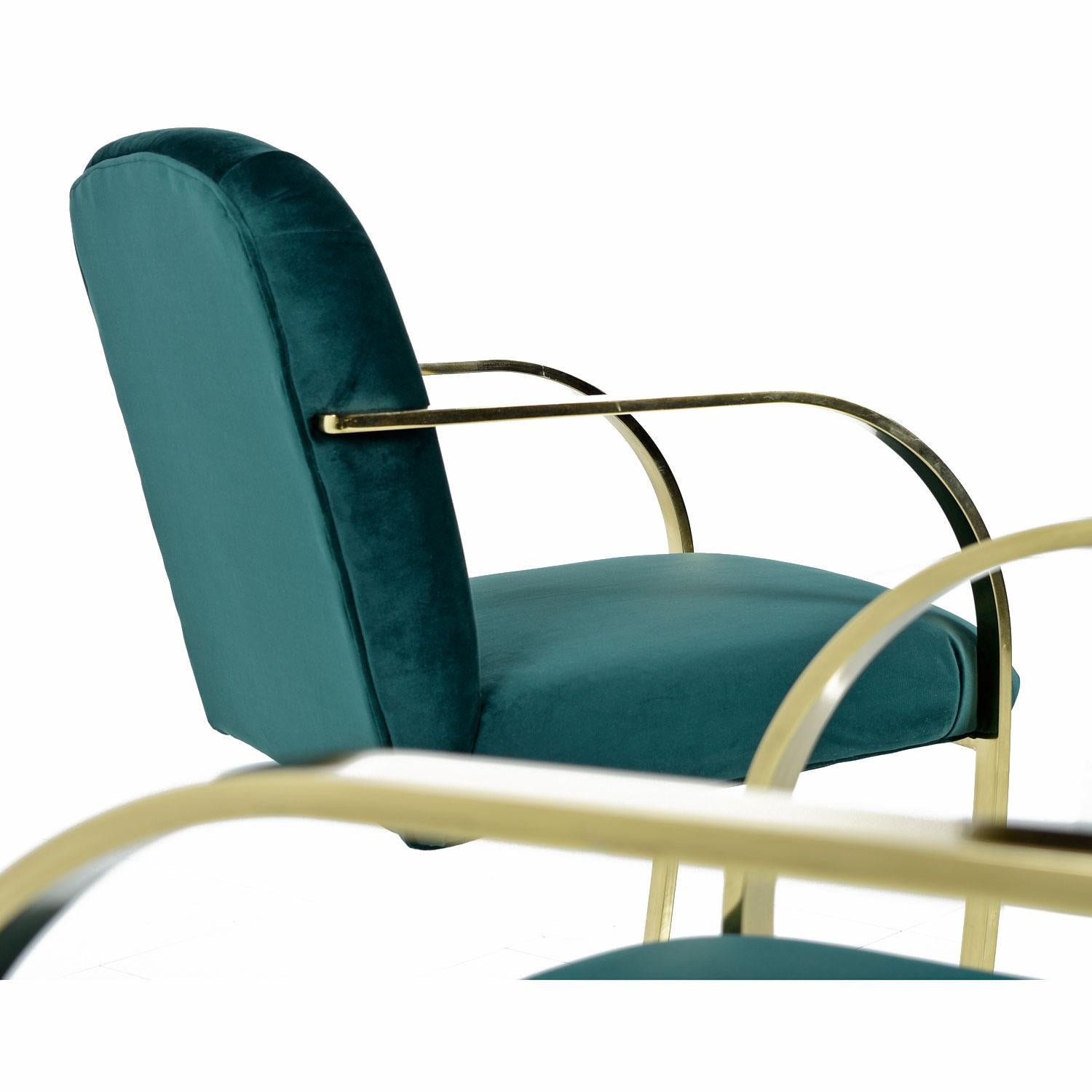 Late 20th Century Baughman Style Forest Green Velvet Flat Bar Cantilever Brass Armchair Set of 6