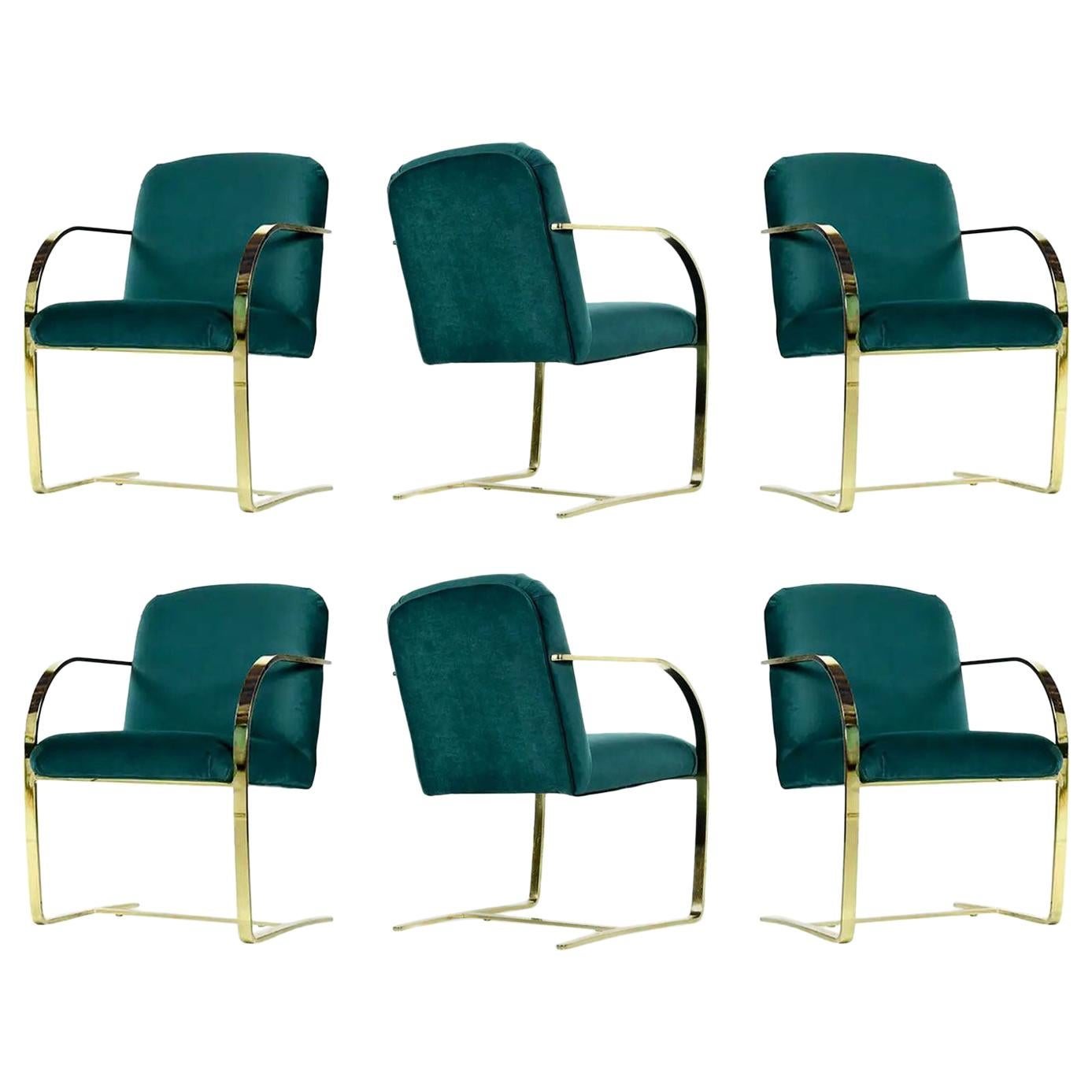 Baughman Style Forest Green Velvet Flat Bar Cantilever Brass Armchair Set of 6