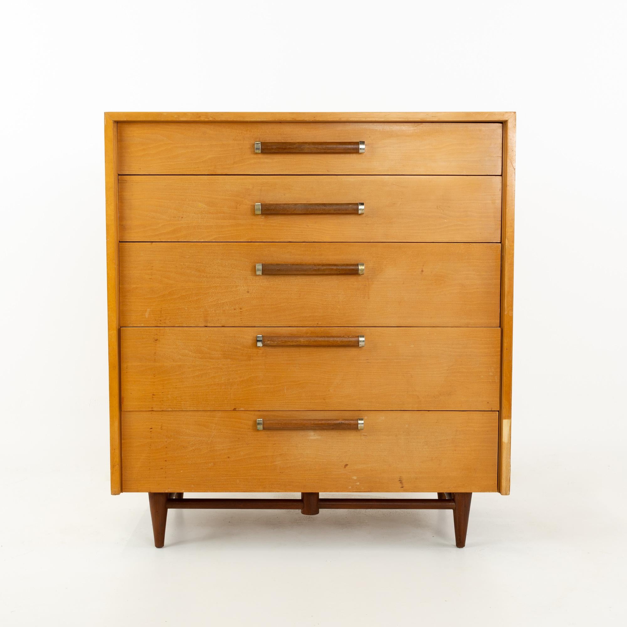 Baughman style Mid Century 5-drawer highboy dresser
This dresser is 38 wide x 19.25 deep x 42 inches high

This price includes getting this piece in what we call restored vintage condition. That means the piece is permanently fixed upon purchase so