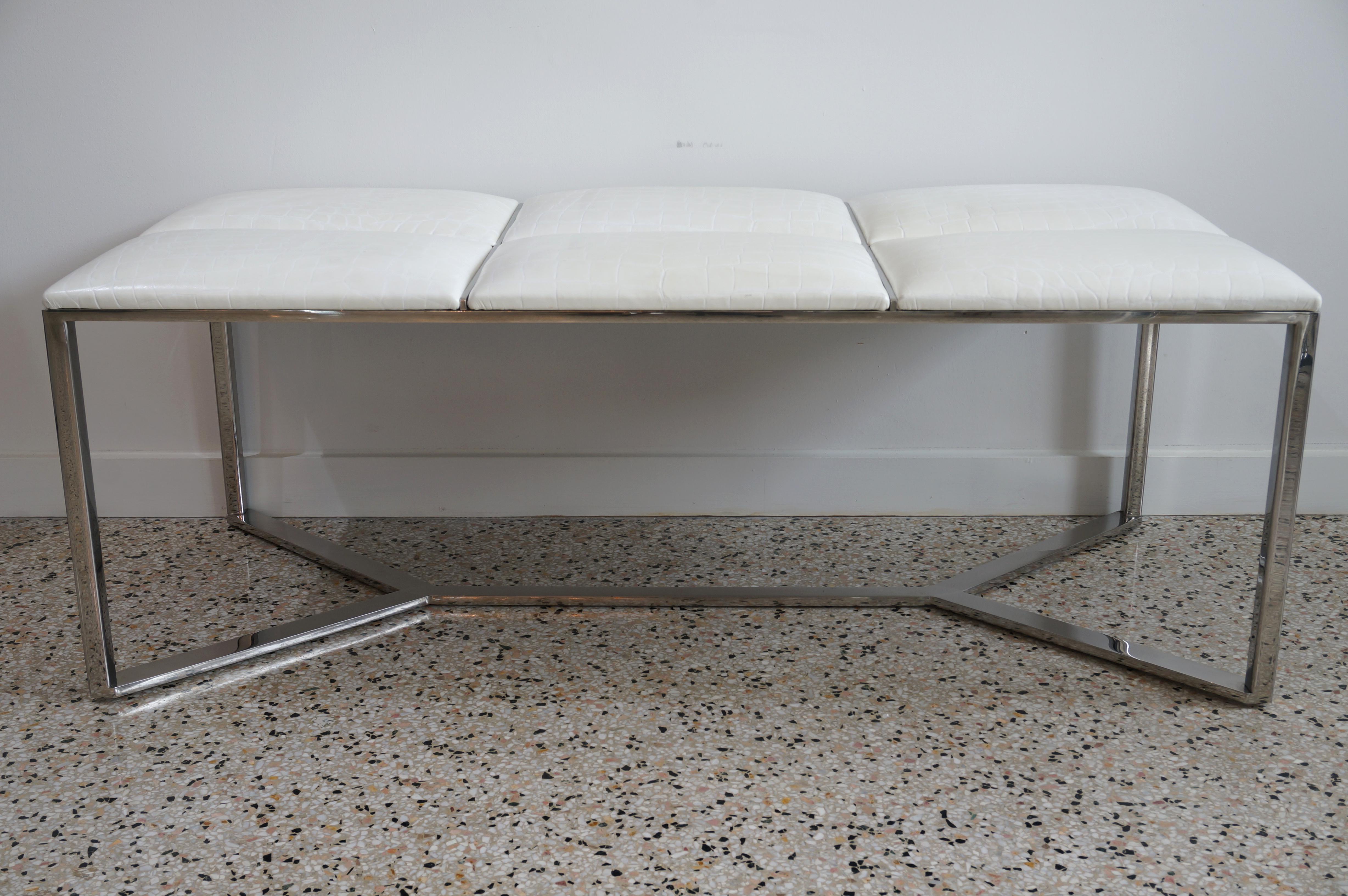 Baughman Style Polished Steel Bench In Good Condition For Sale In West Palm Beach, FL