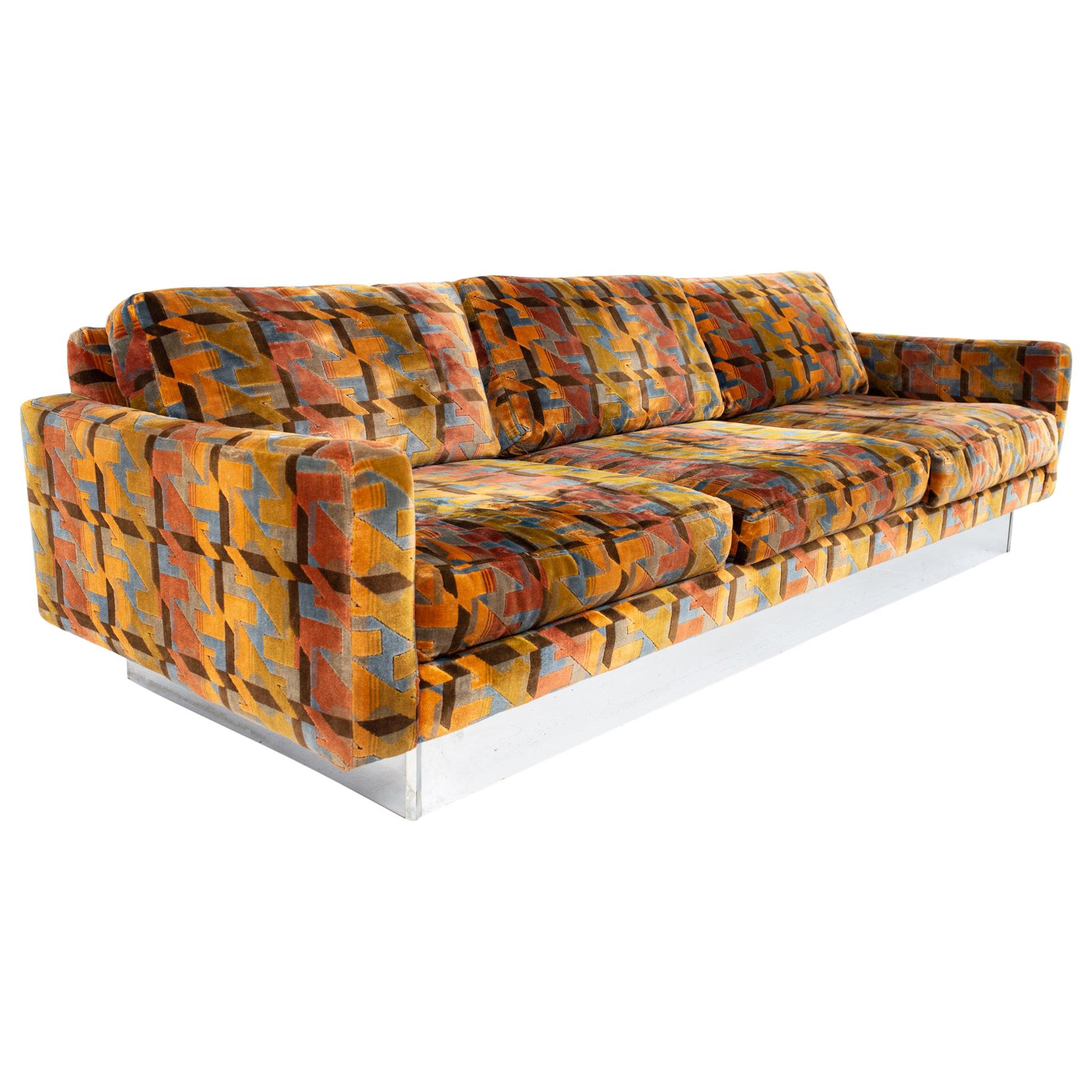 Baughman Style Selig Mid CenturyMulti-Color Houndstooth and Chrome Floating Sofa