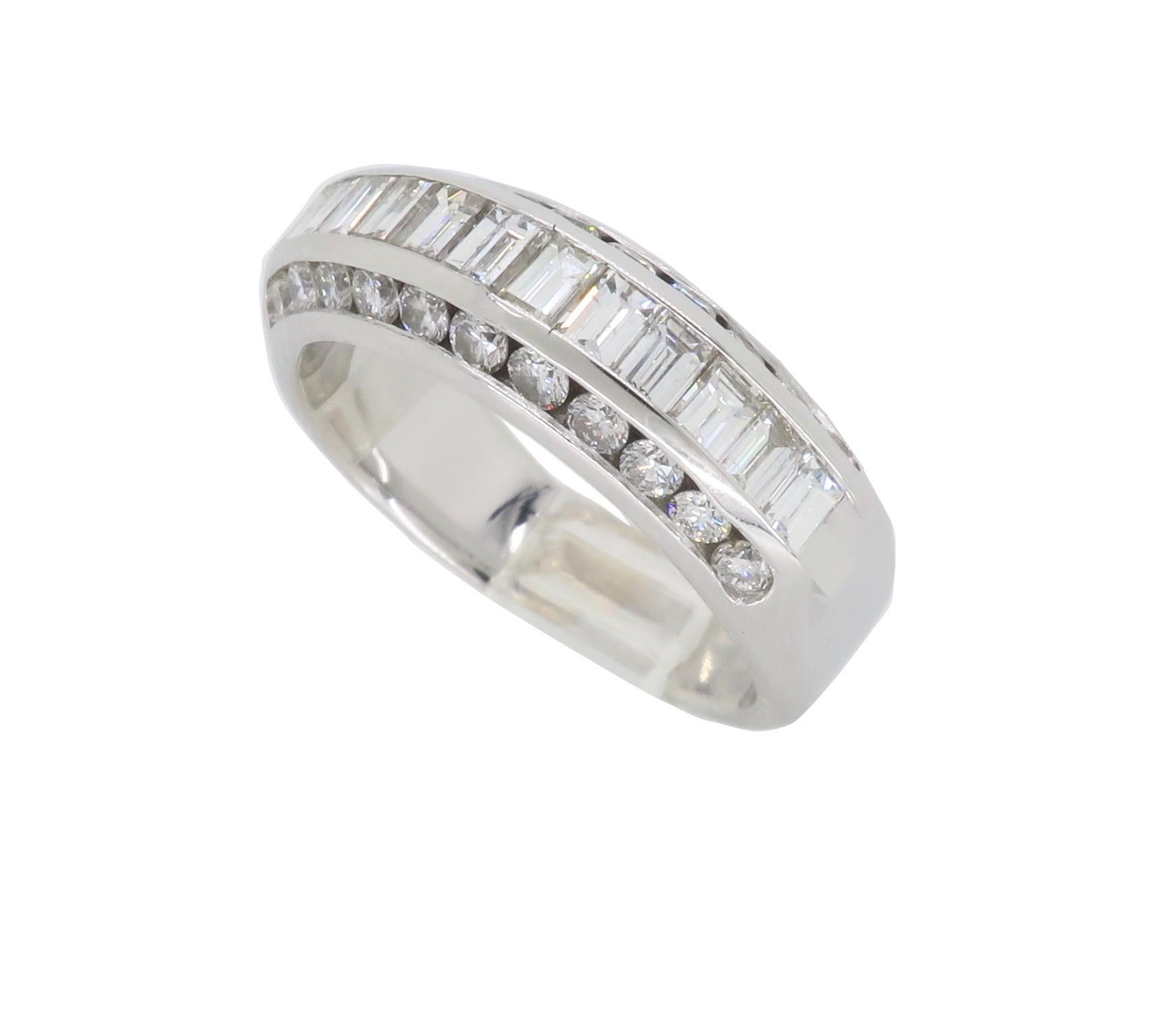 Baguette Cut Bauguette and Round Diamond Anniversary Ring For Sale