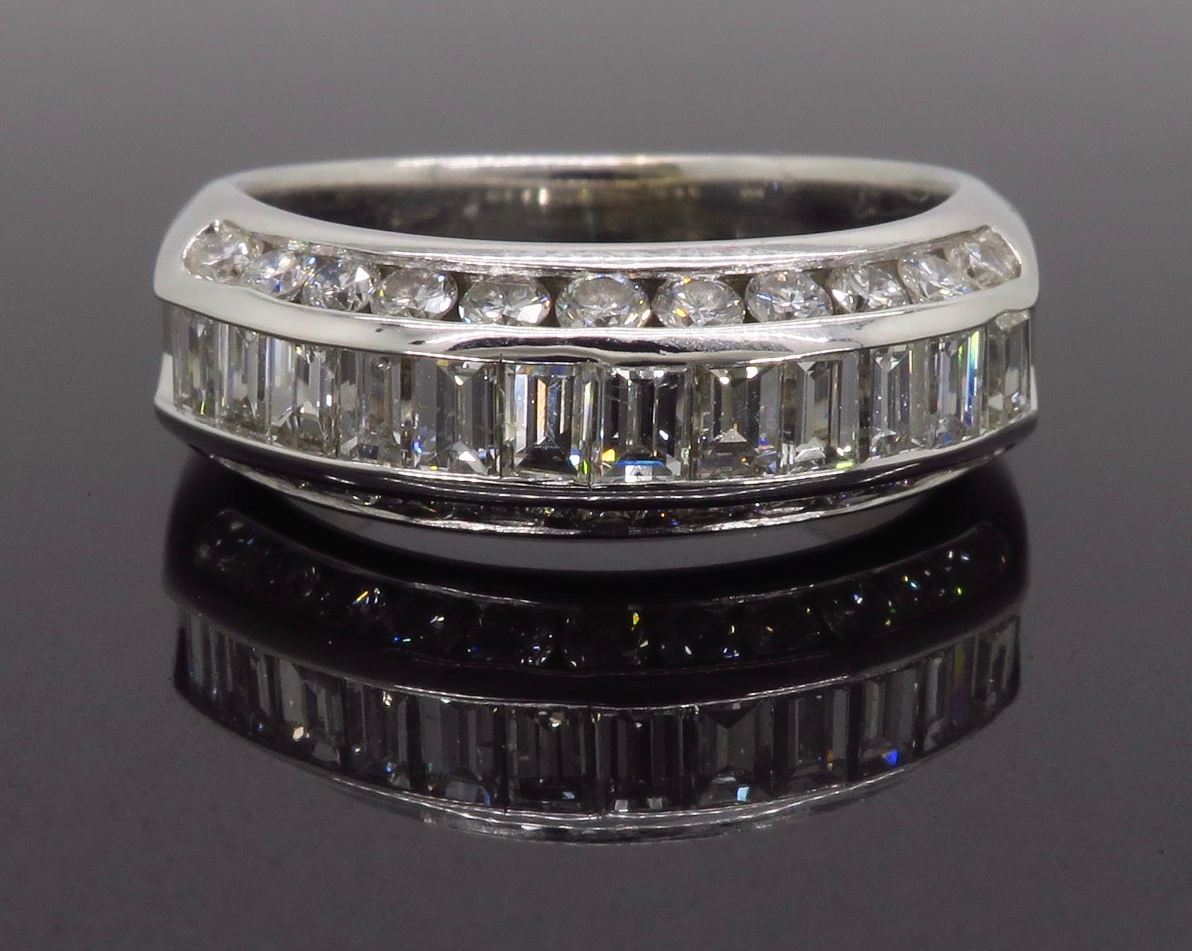 Women's or Men's Bauguette and Round Diamond Anniversary Ring For Sale